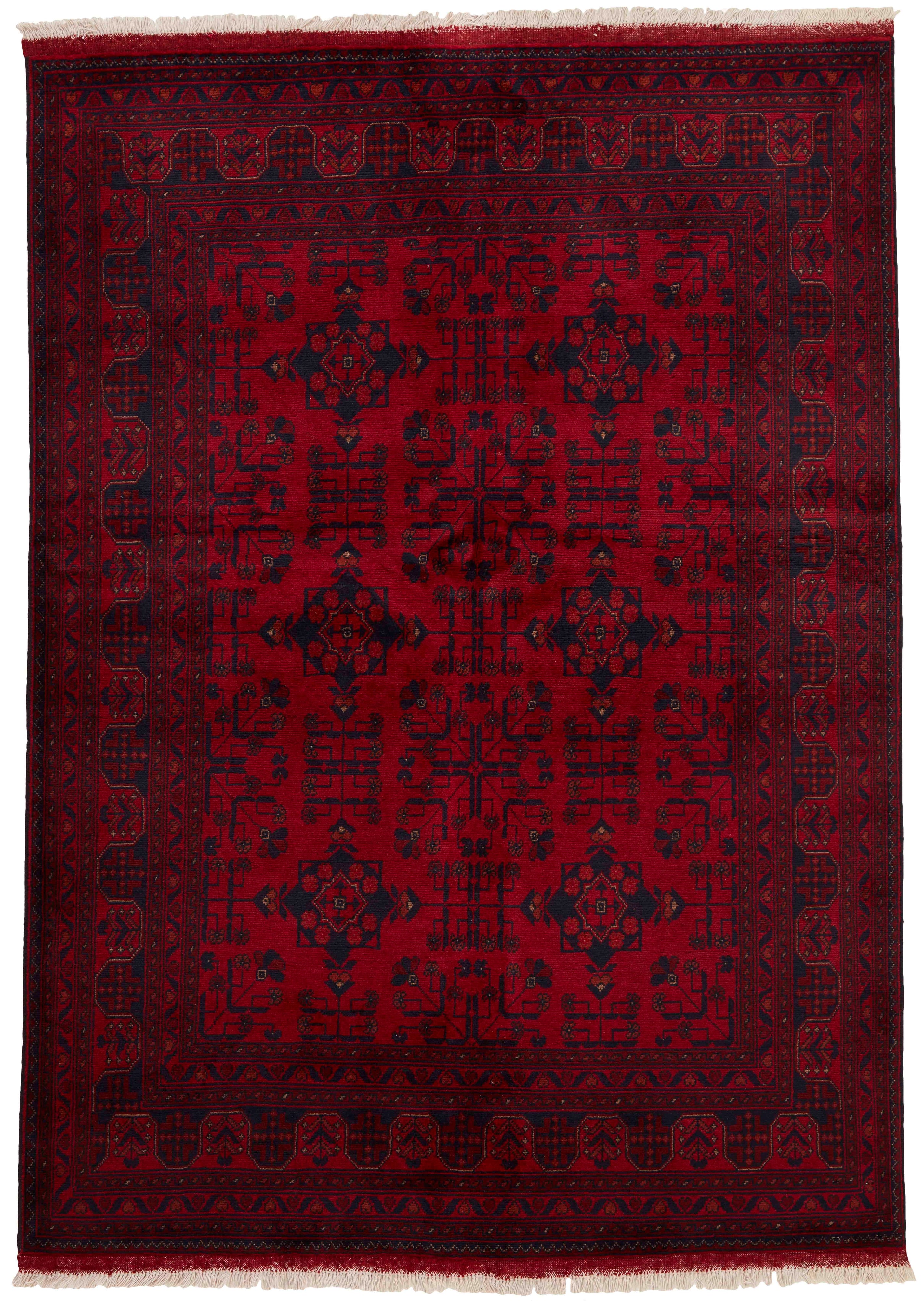 Authentic Oriental rug with traditional geometric tribal design in red