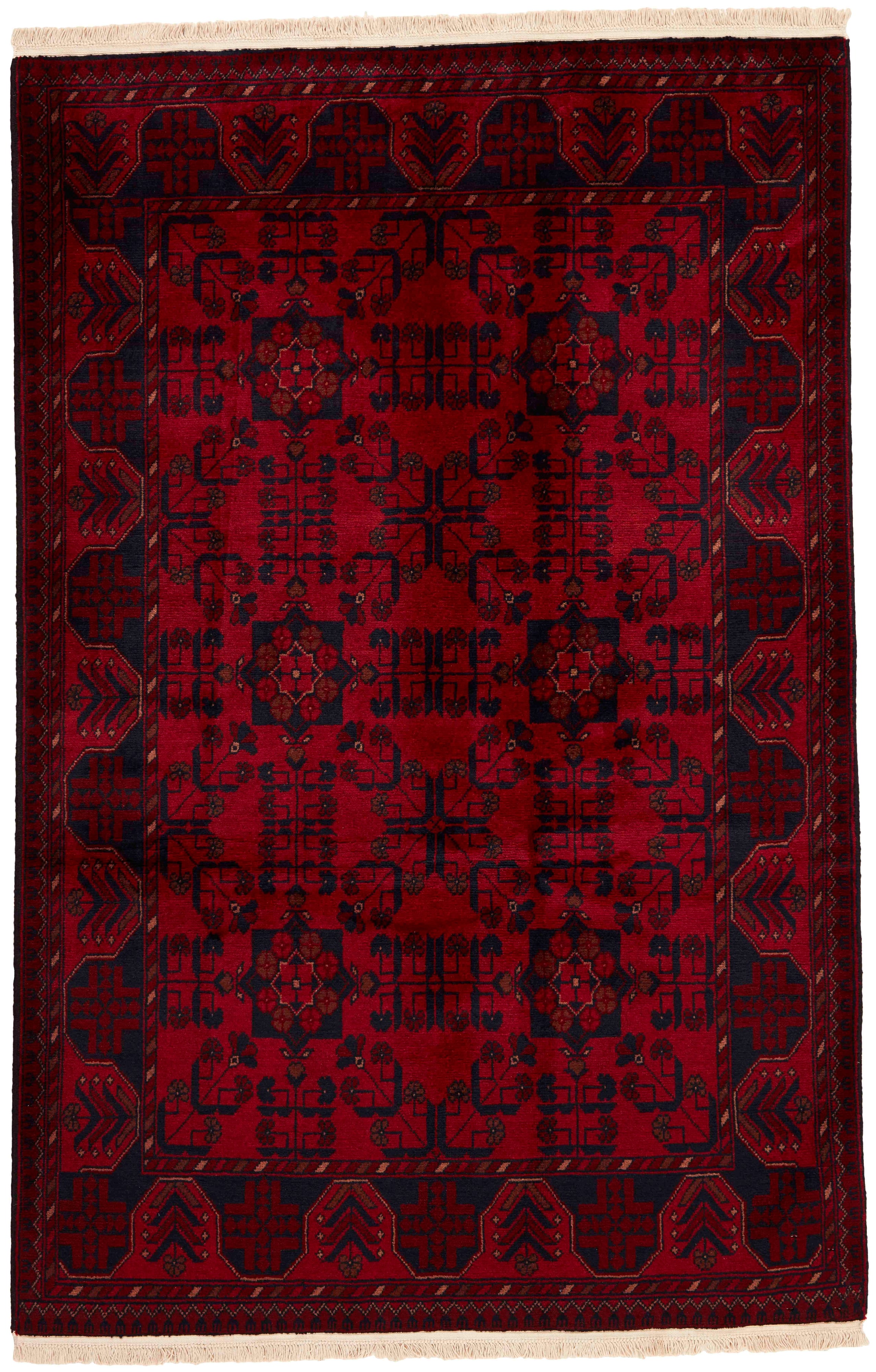 Authentic Oriental rug with traditional geometric tribal design in red