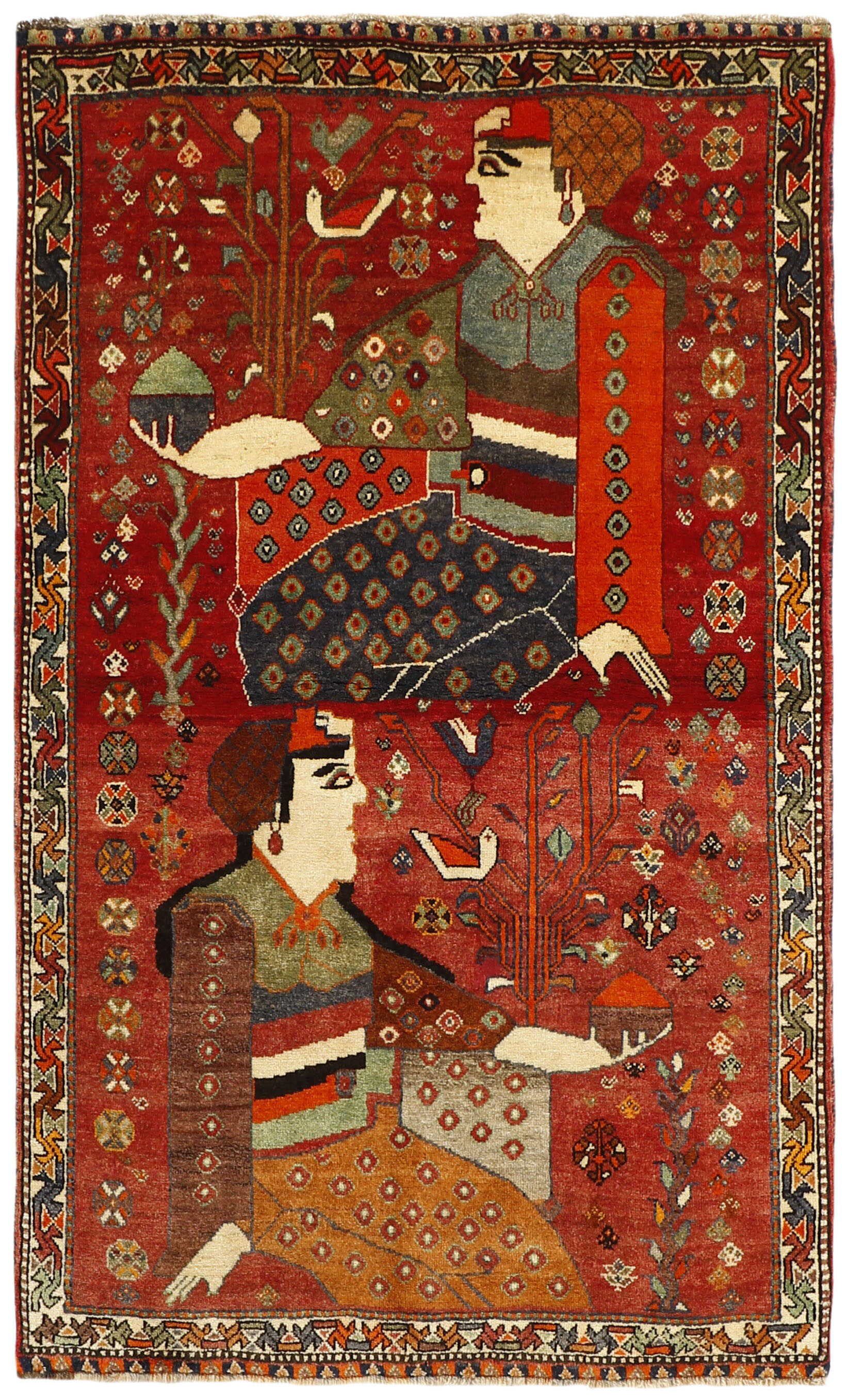 red persian rug with figural design