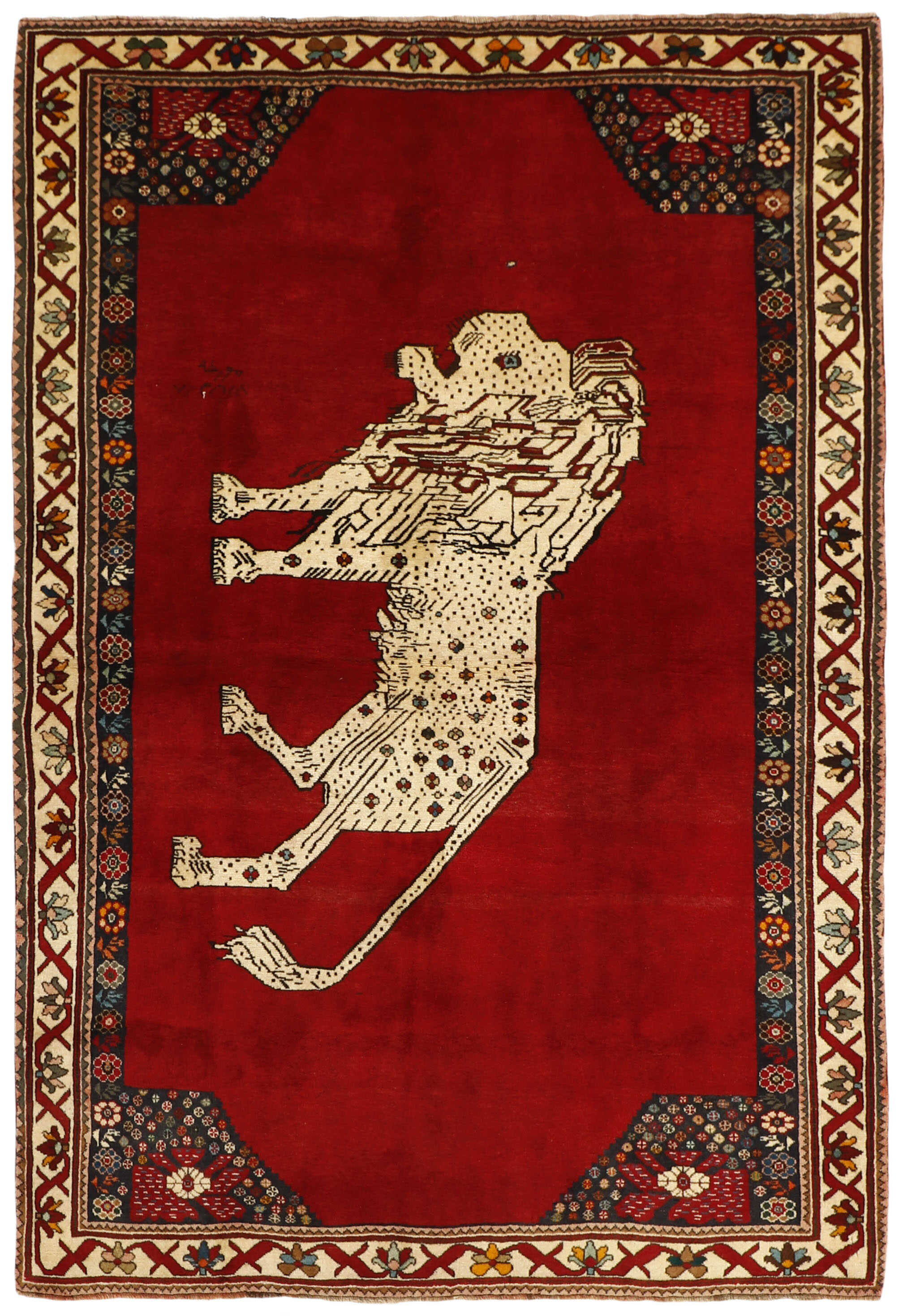 red persian rug with figural design