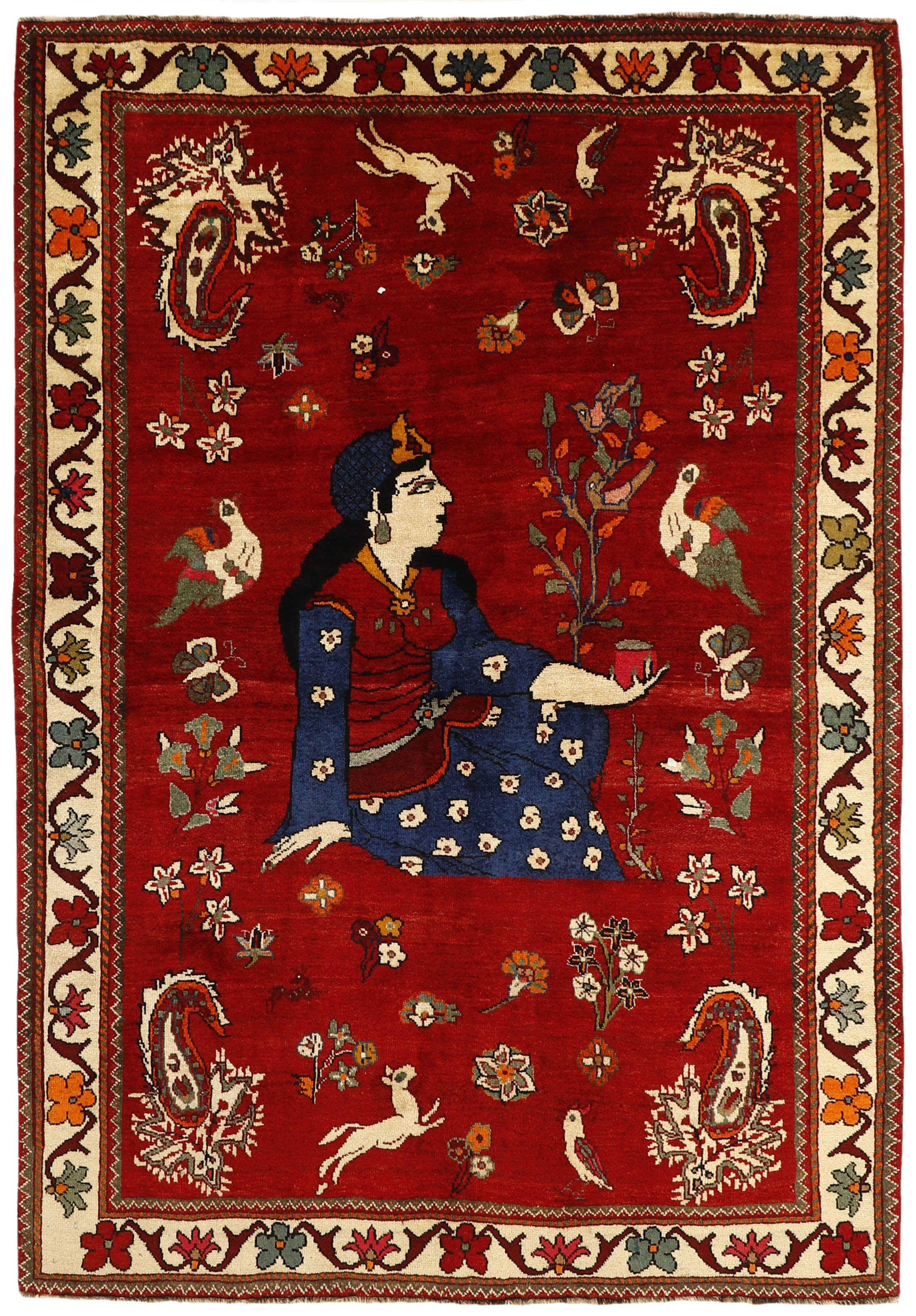 red persian rug with figural design