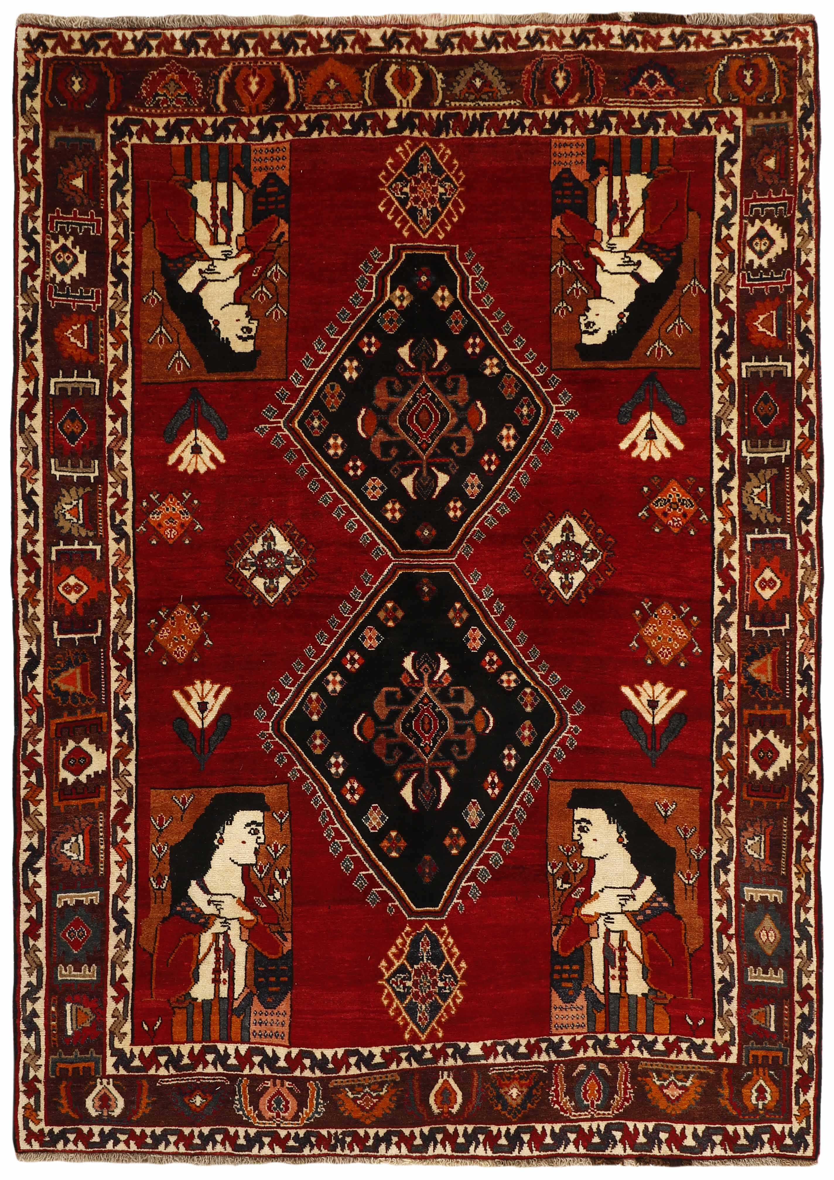 red persian rug with figural design