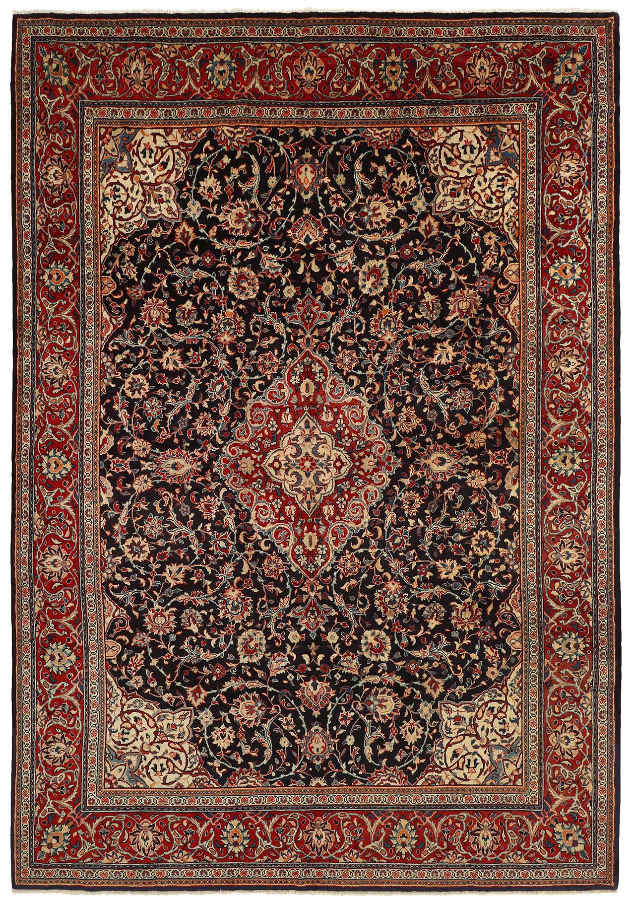 Large authentic persian rug with traditional floral pattern in red, black and cream