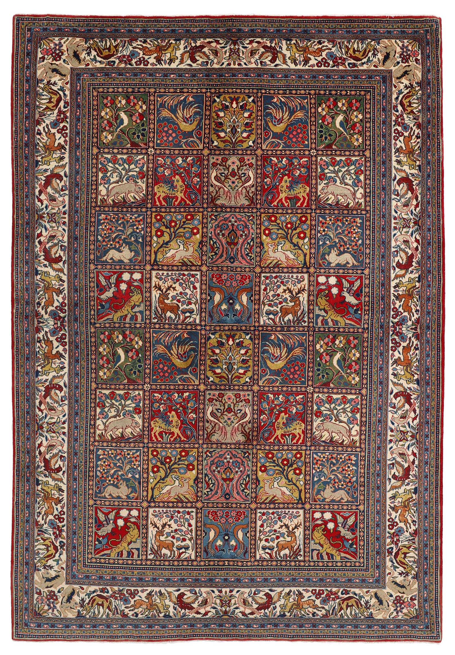 Authentic persian rug with traditional floral design in red, blue and cream