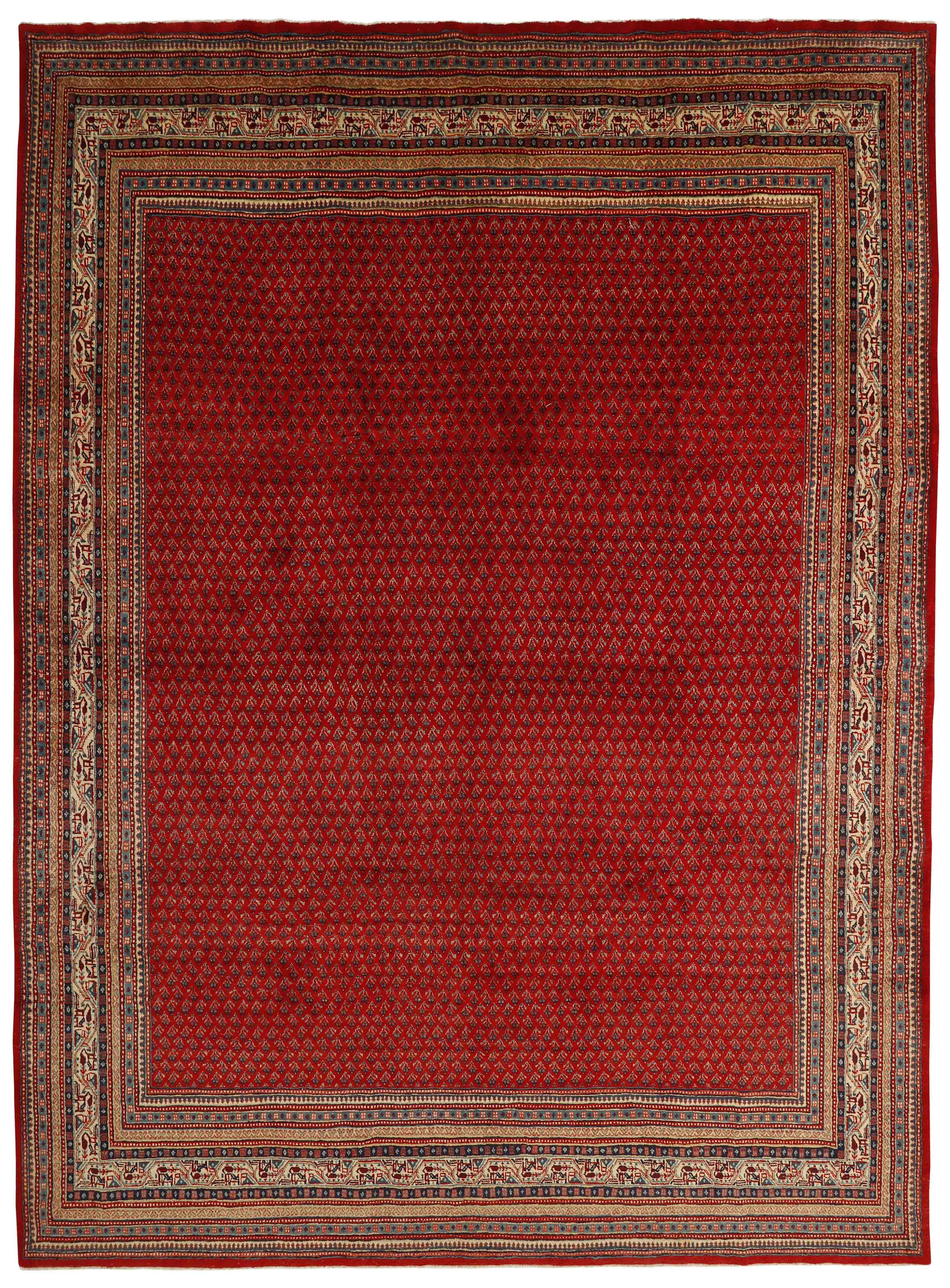 authentic persian rug with all-over traditional design in red, beige and blue