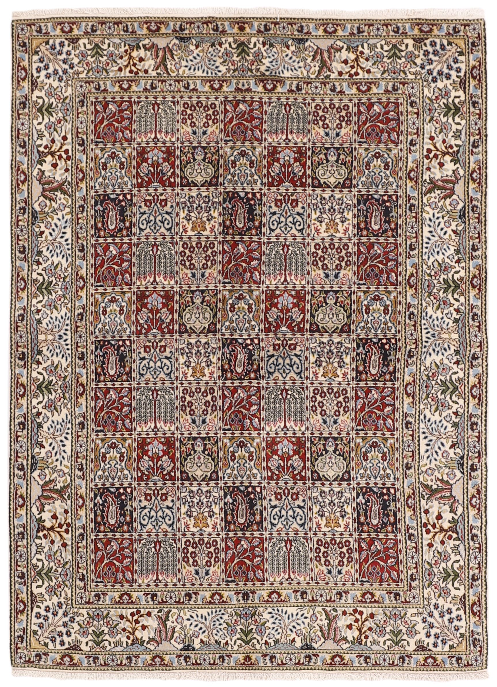 authentic persian rug with floral pattern in beige, blue and red