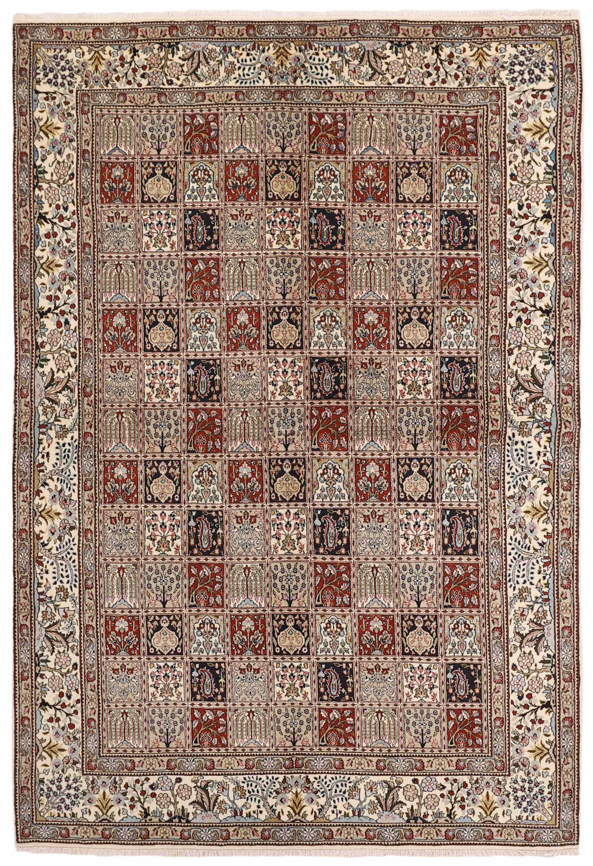 authentic persian rug with floral pattern in beige, blue and red