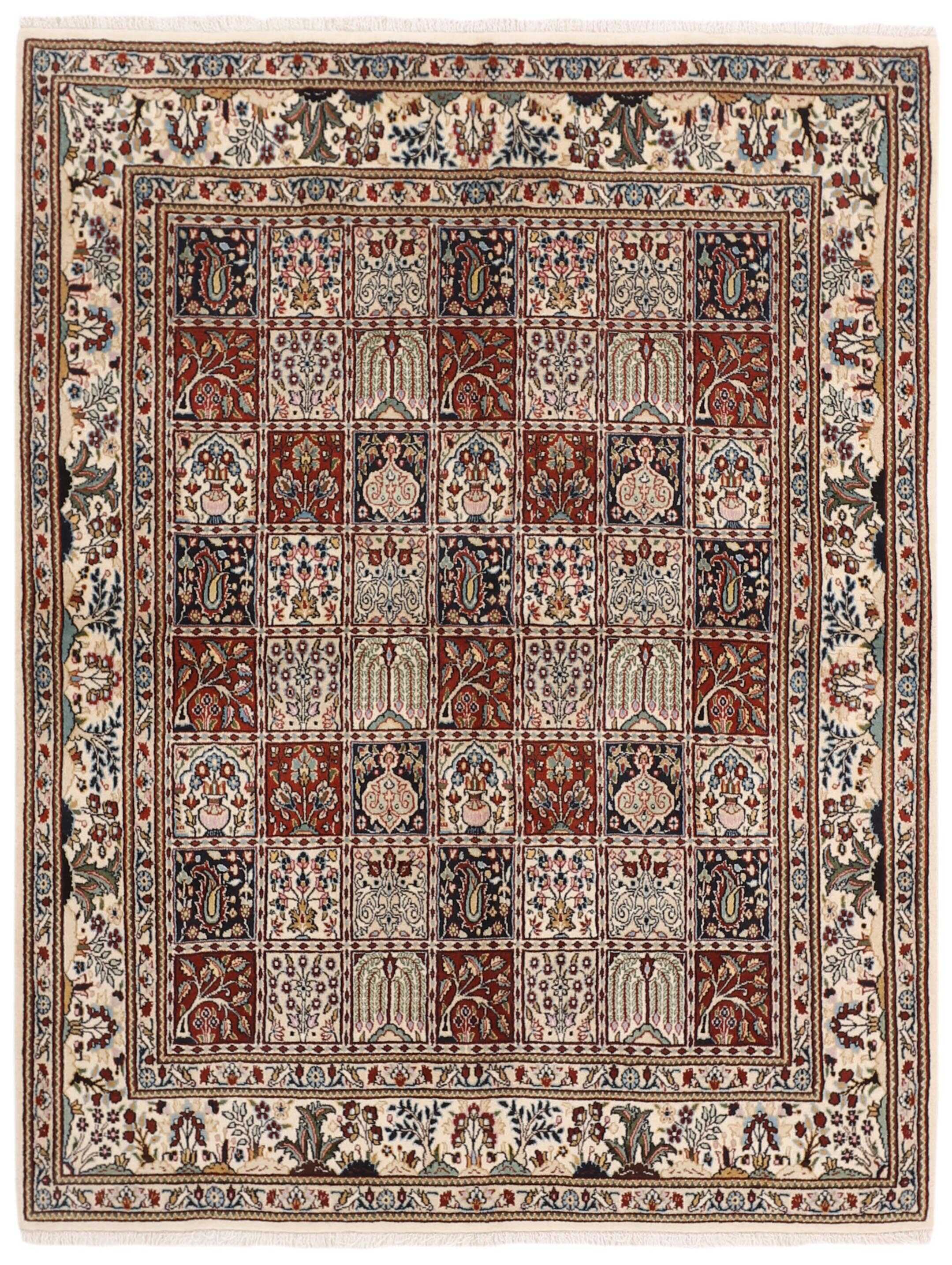 authentic persian rug with floral pattern in beige, blue and red