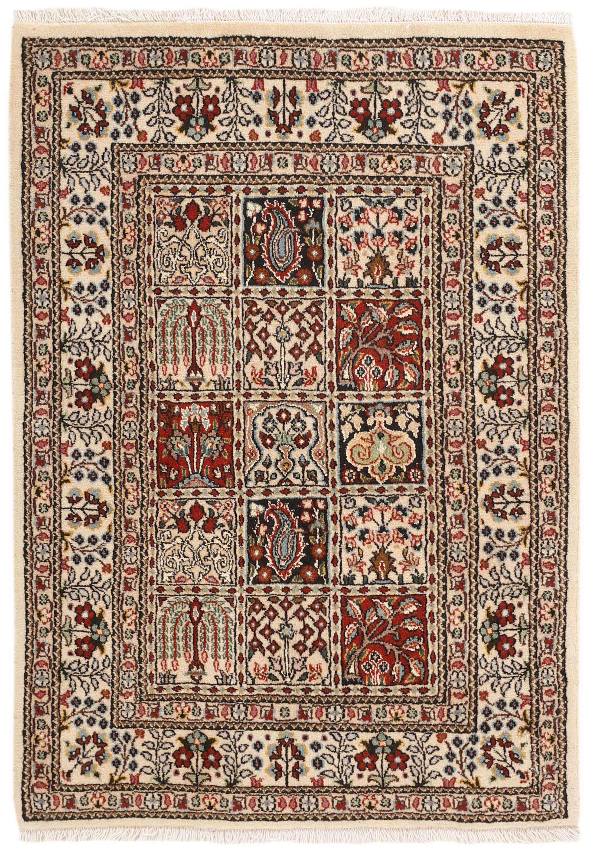 authentic persian rug with floral pattern in beige, blue and red