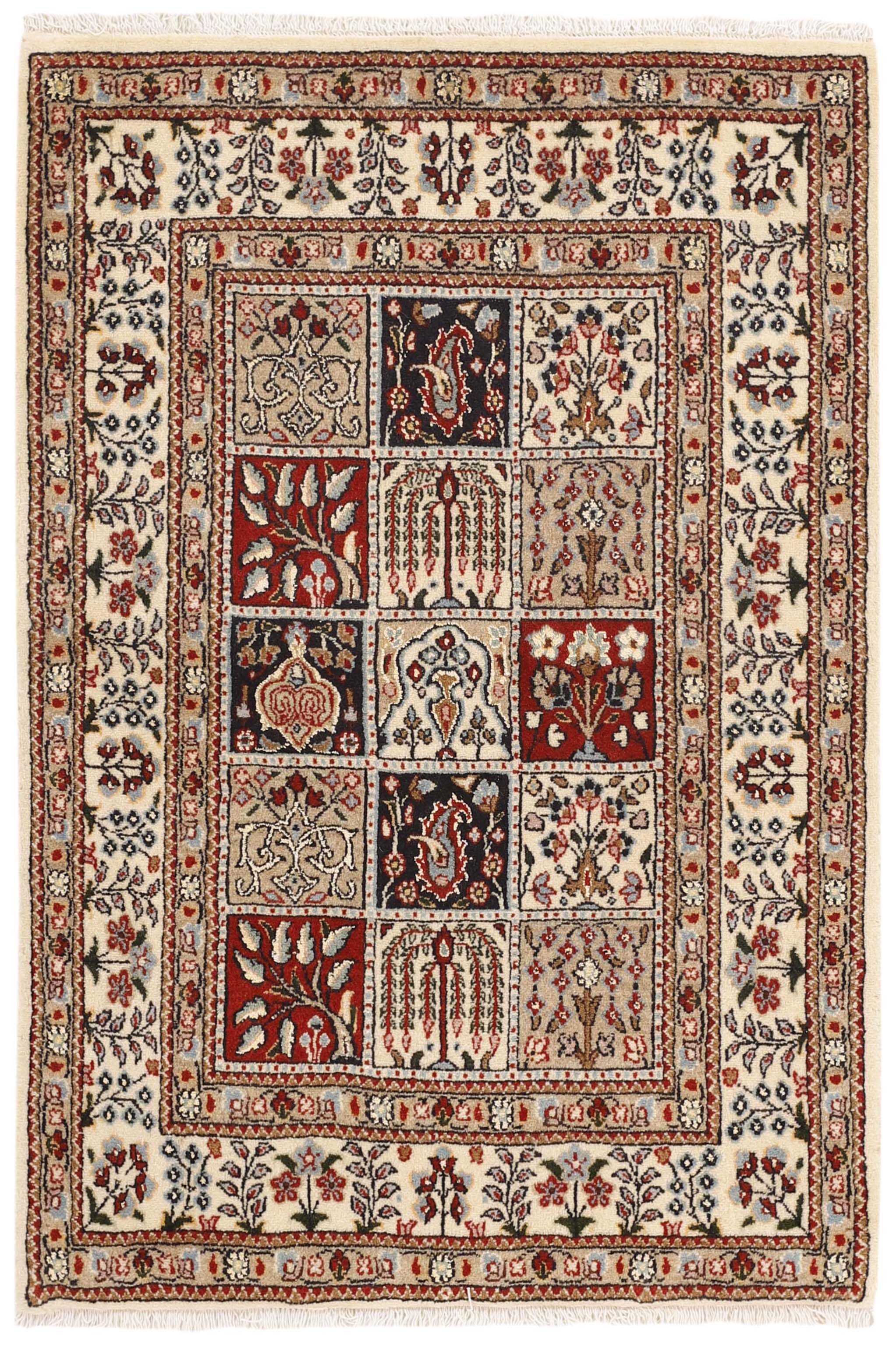 authentic persian rug with floral pattern in beige, blue and red