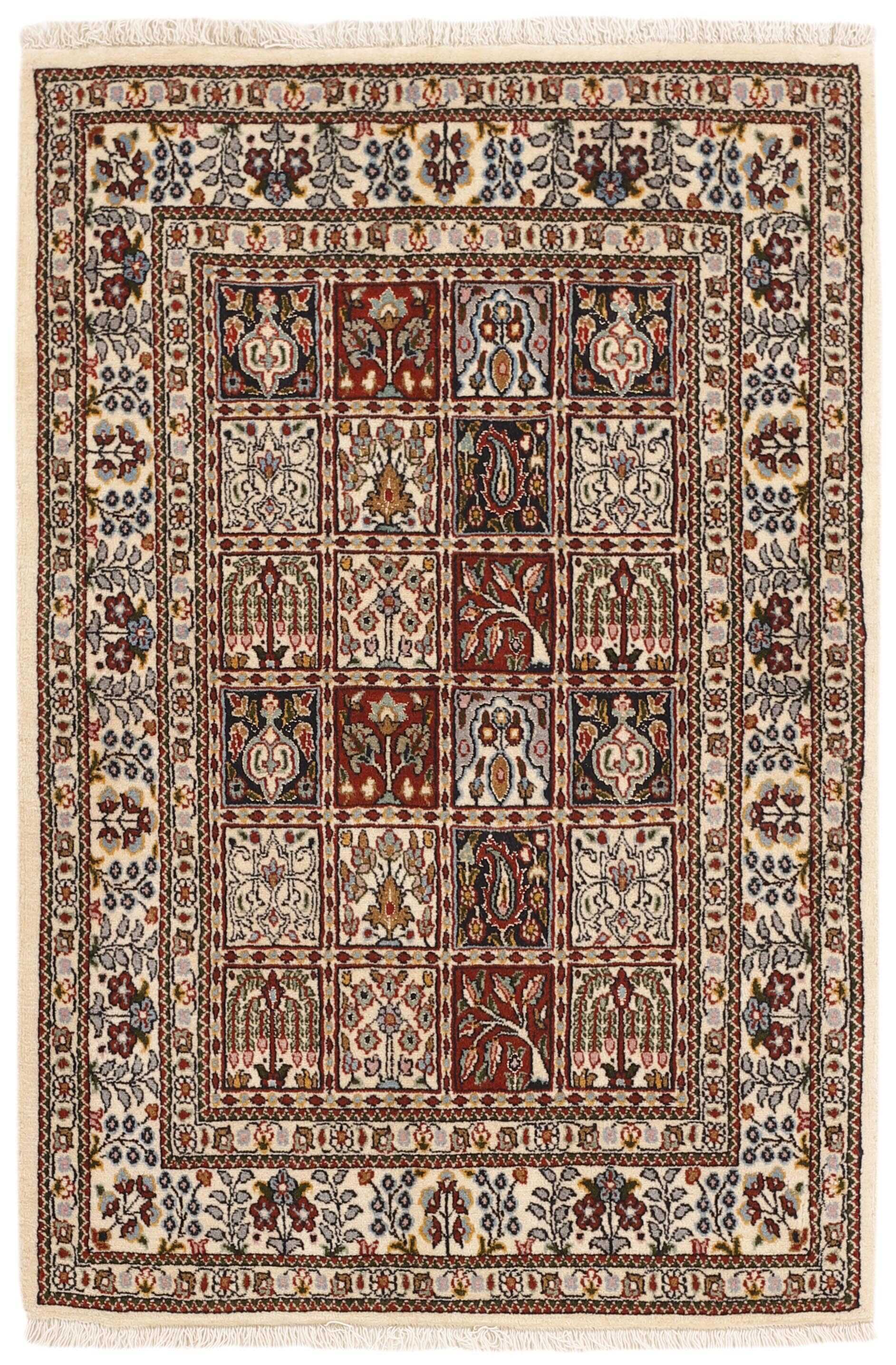 authentic persian rug with floral pattern in beige, blue and red