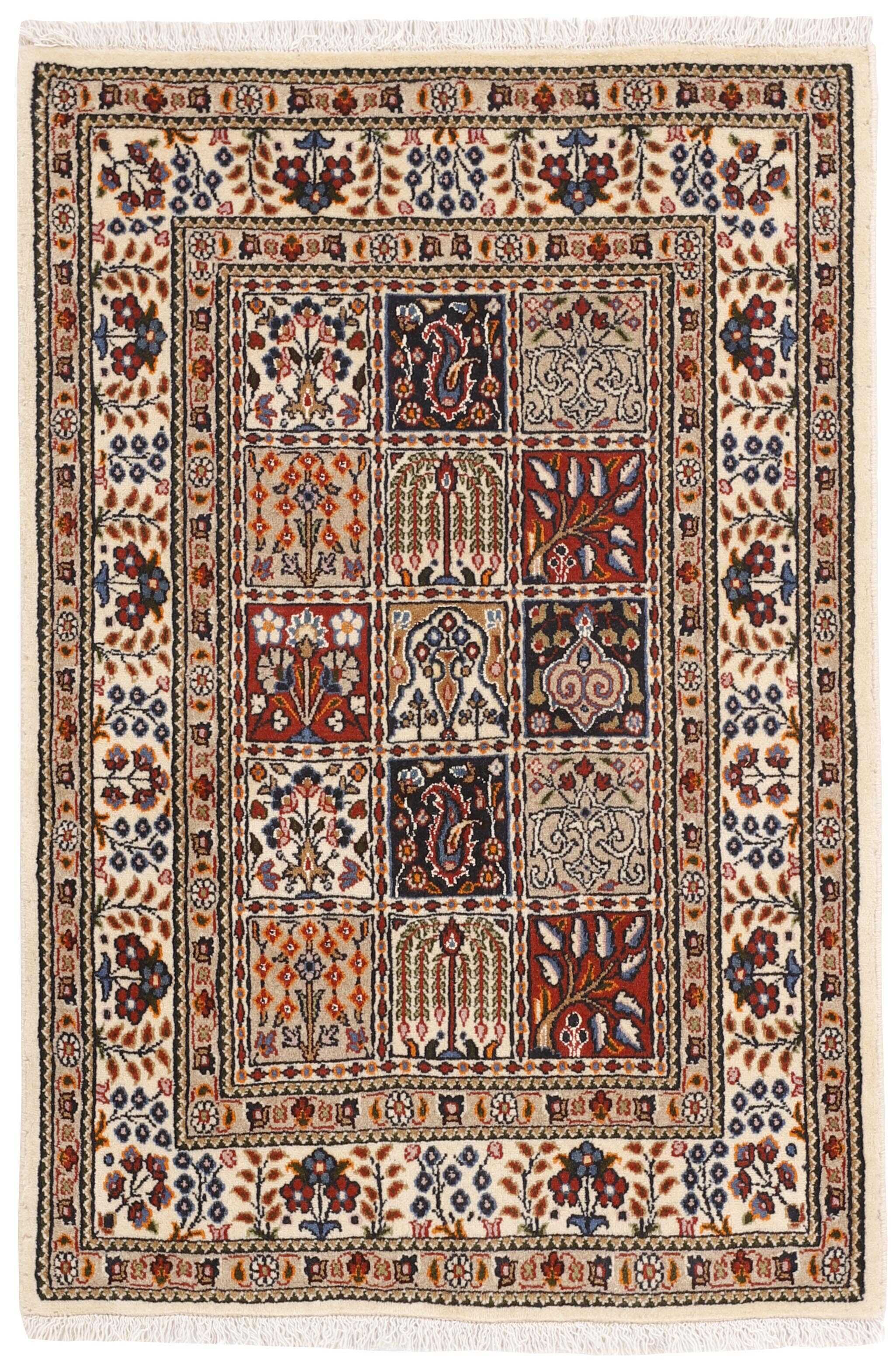 authentic persian rug with floral pattern in beige, blue and red