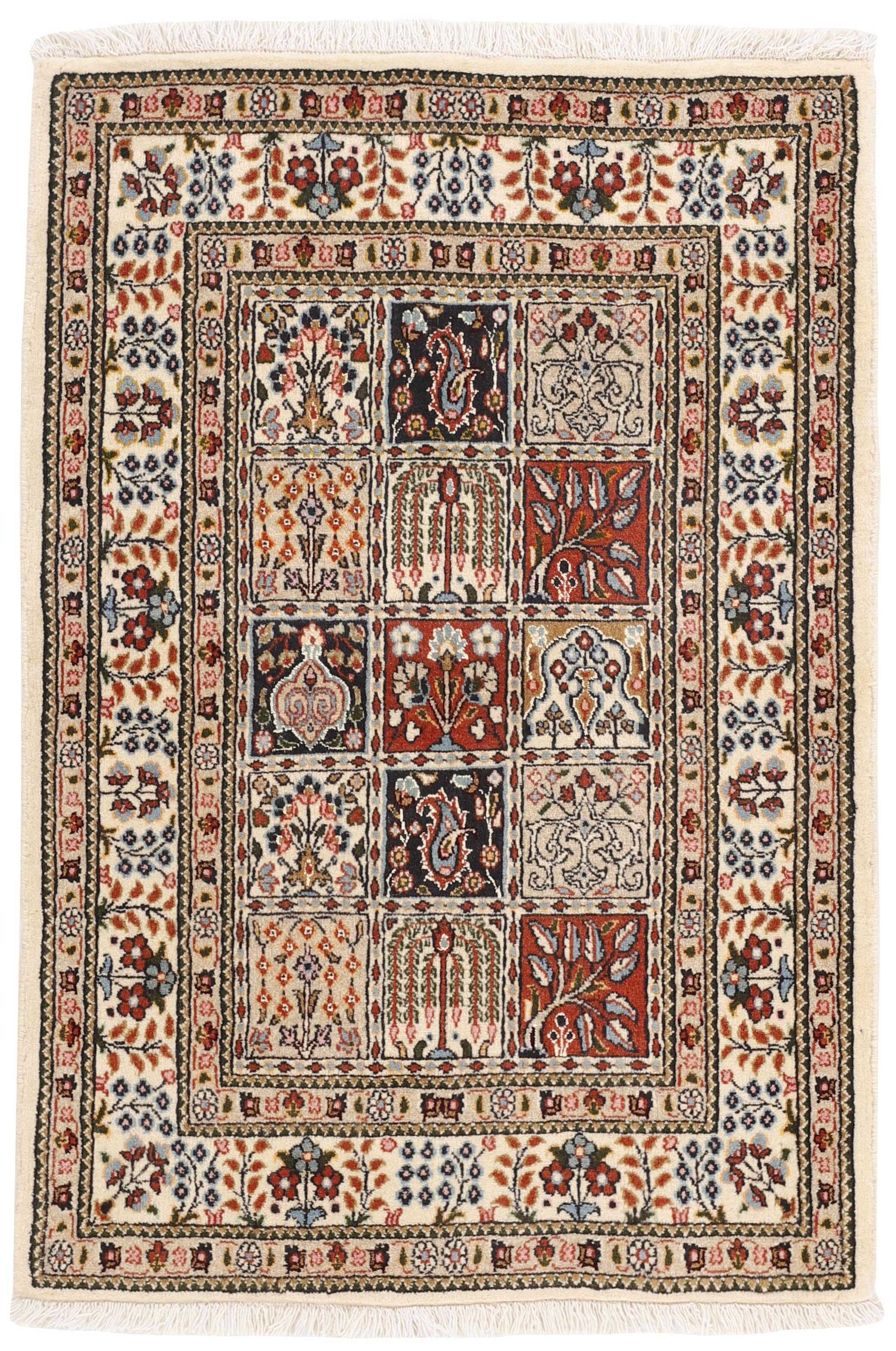 authentic persian rug with floral pattern in beige, blue and red