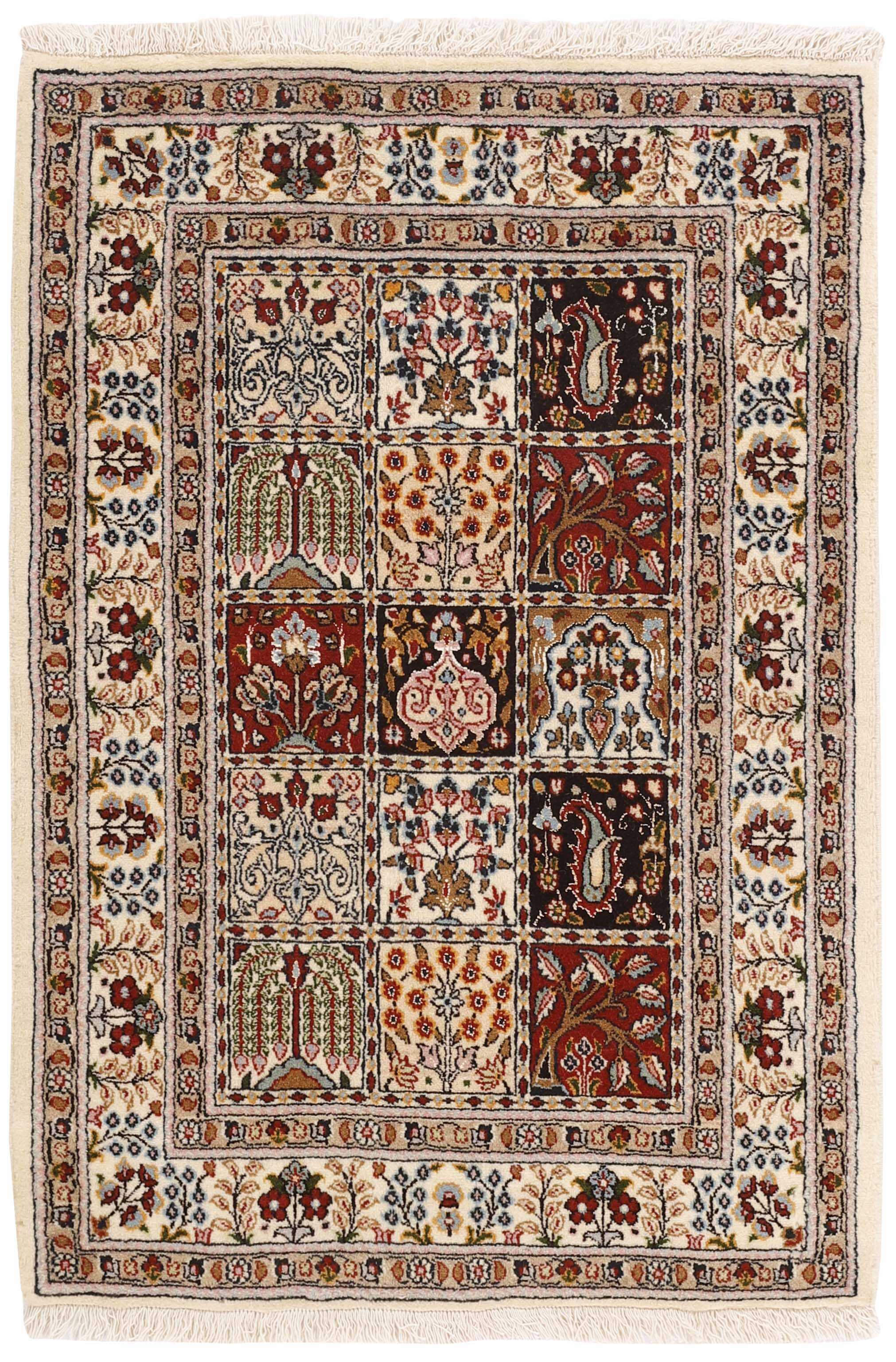 authentic persian rug with floral pattern in beige, blue and red