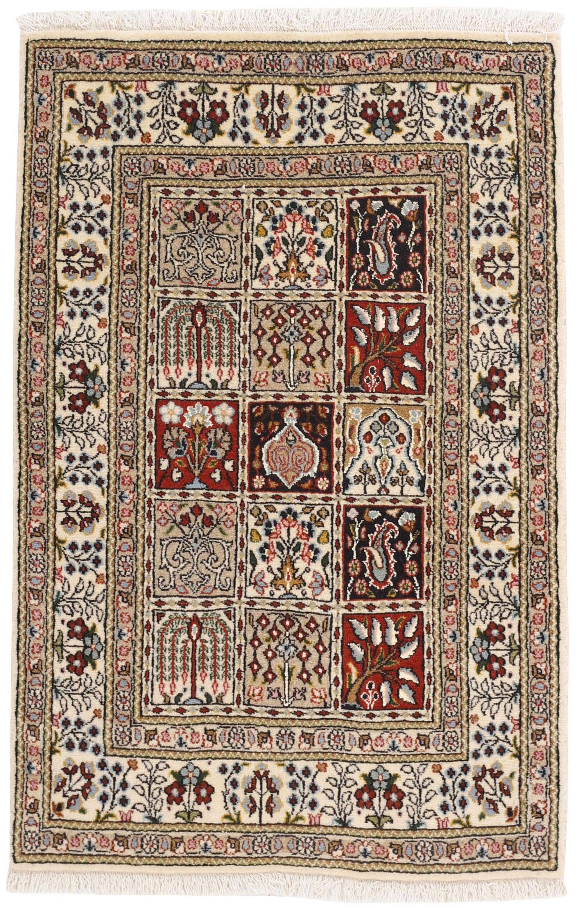 authentic persian rug with floral pattern in beige, blue and red