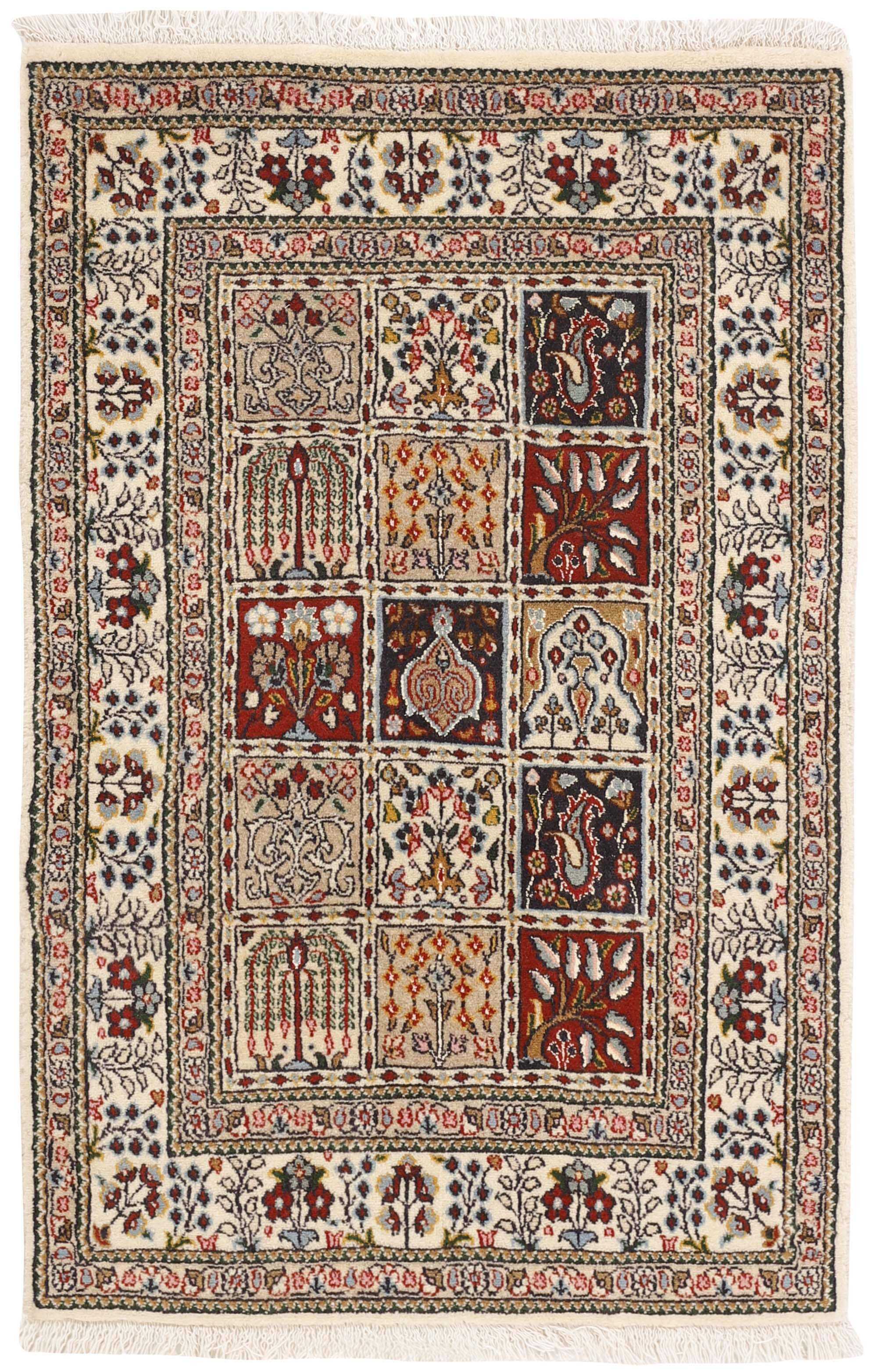 authentic persian rug with floral pattern in beige, blue and red
