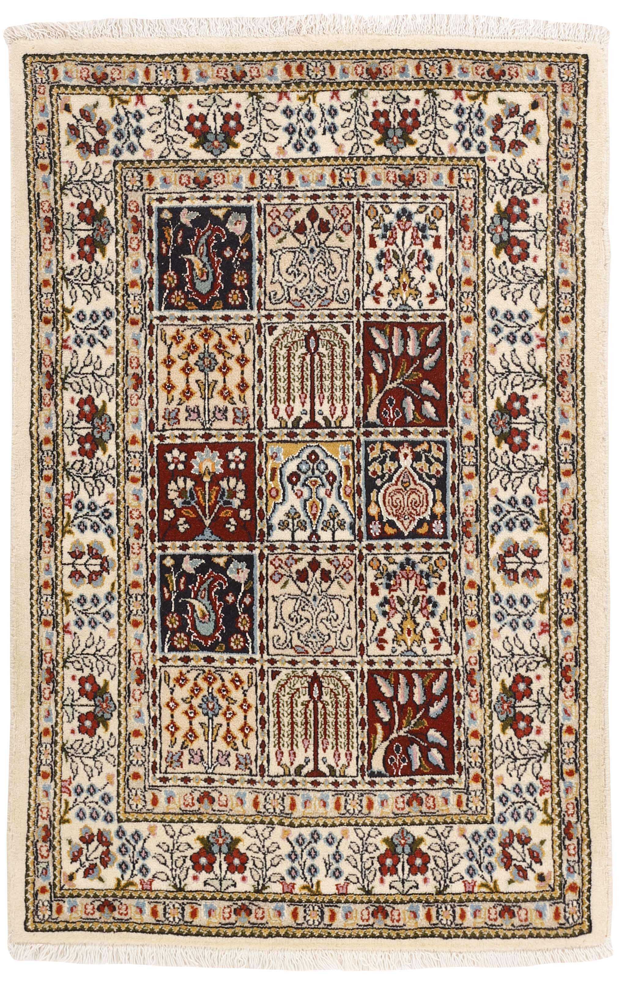 authentic persian rug with floral pattern in beige, blue and red