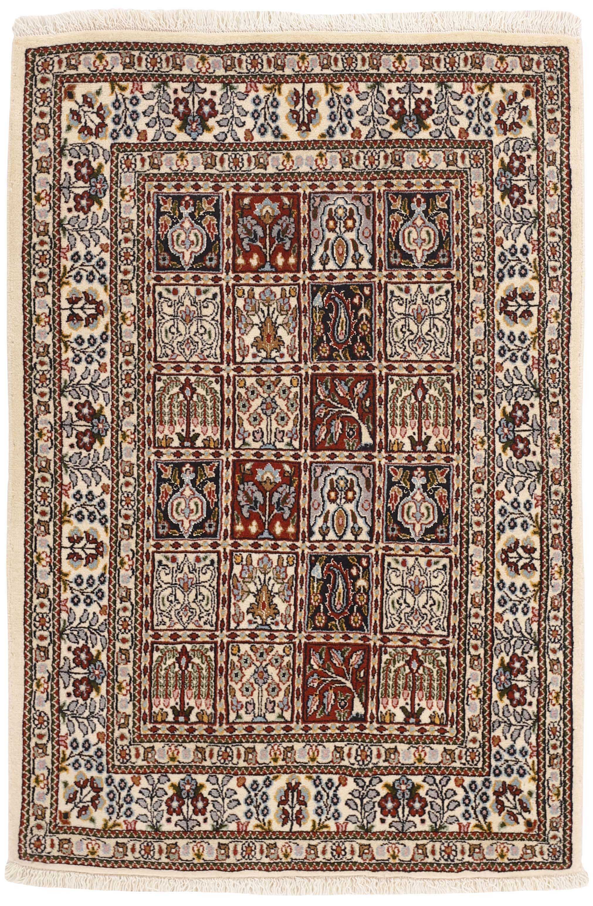 authentic persian rug with floral pattern in beige, blue and red
