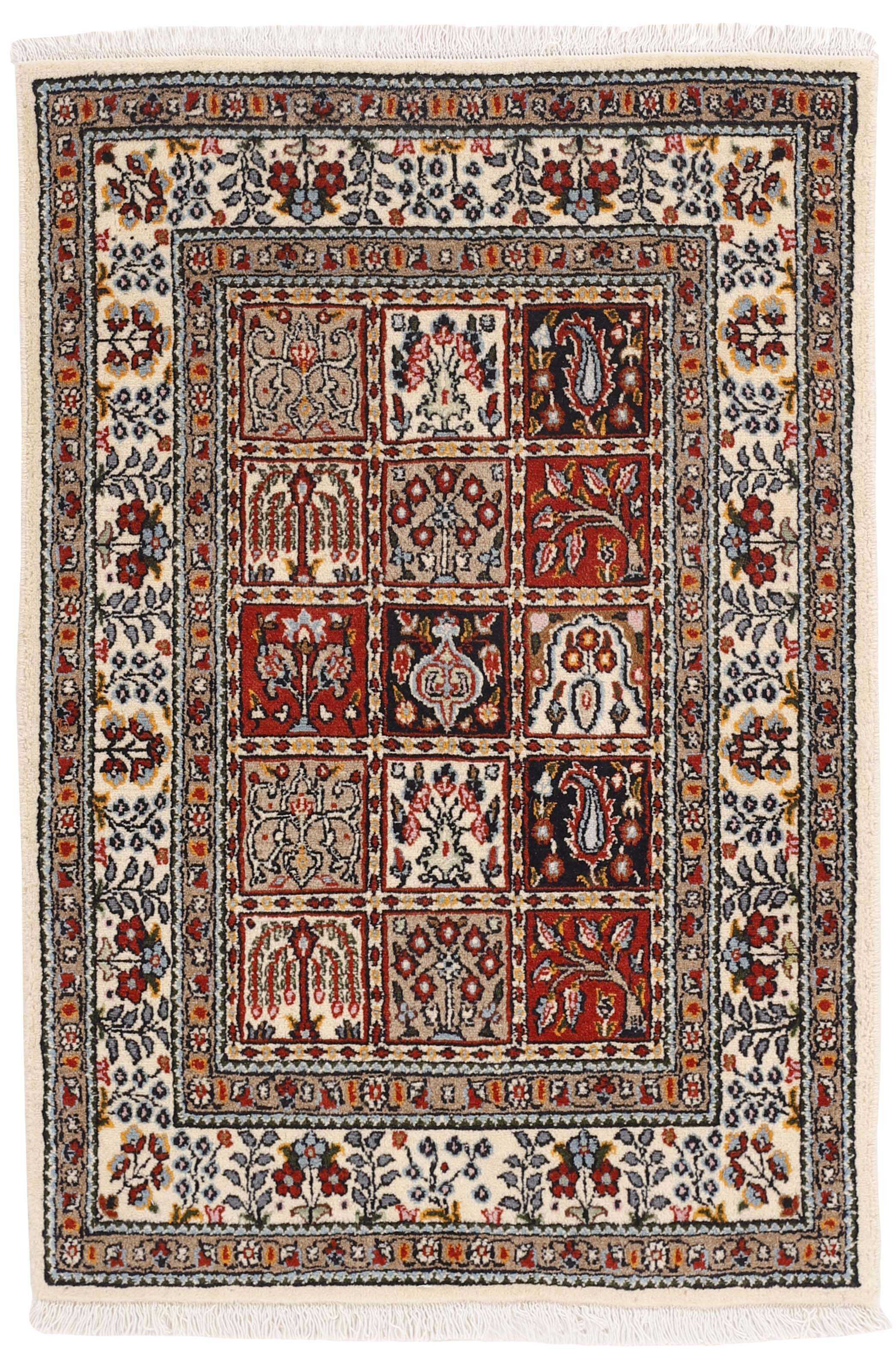 authentic persian rug with floral pattern in beige, blue and red