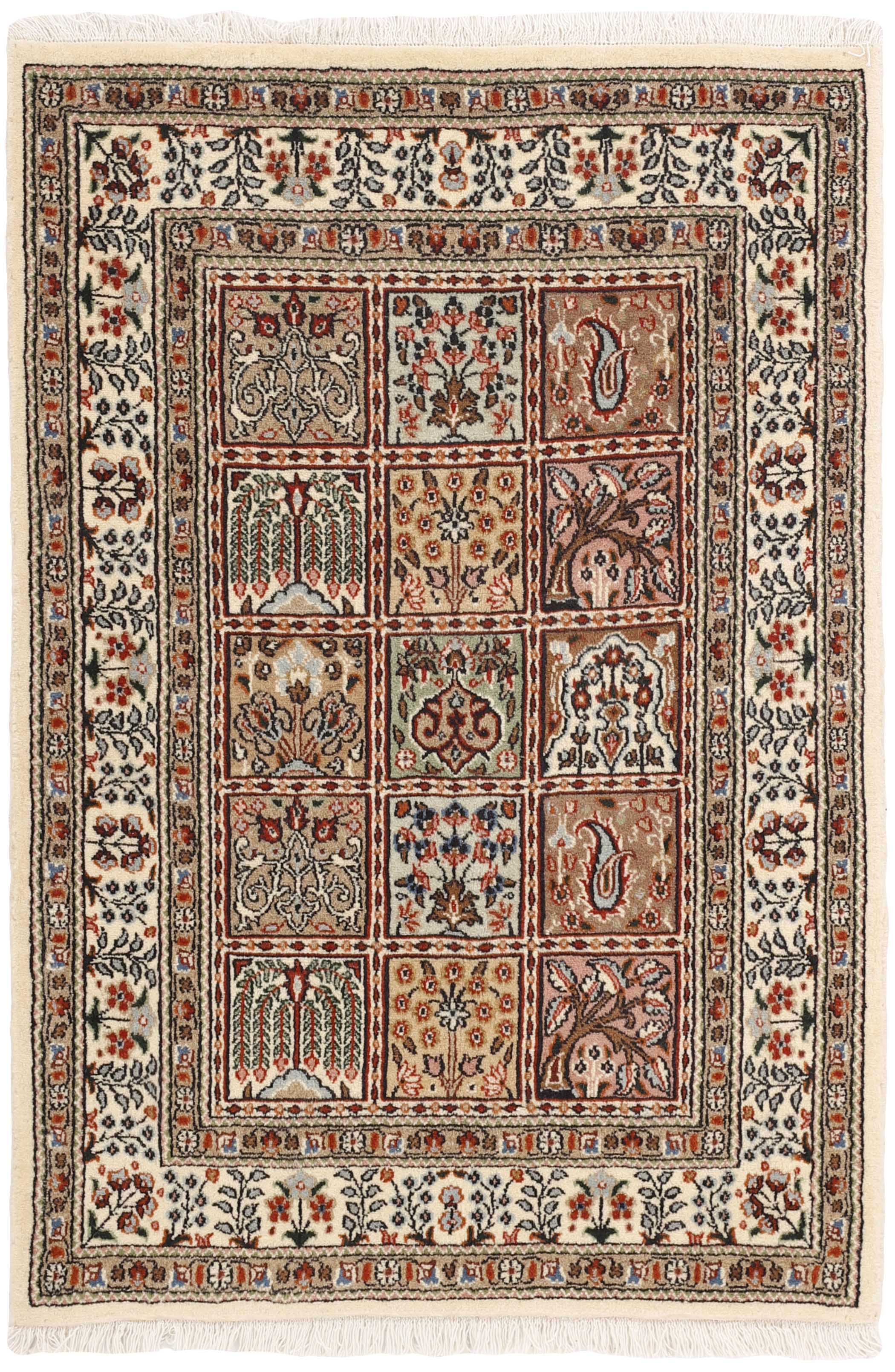 authentic persian rug with floral pattern in beige, blue and red
