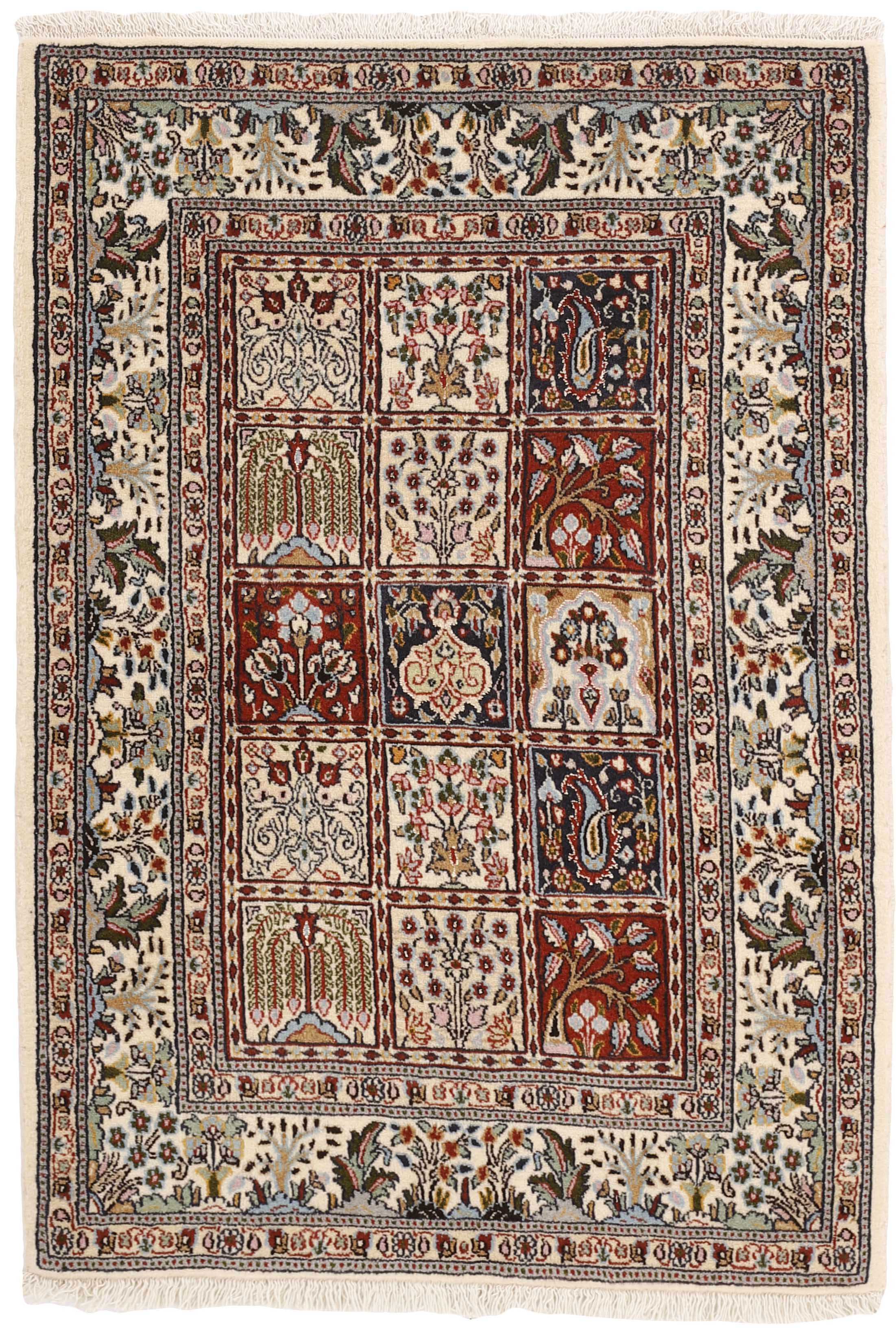 authentic persian rug with floral pattern in beige, blue and red