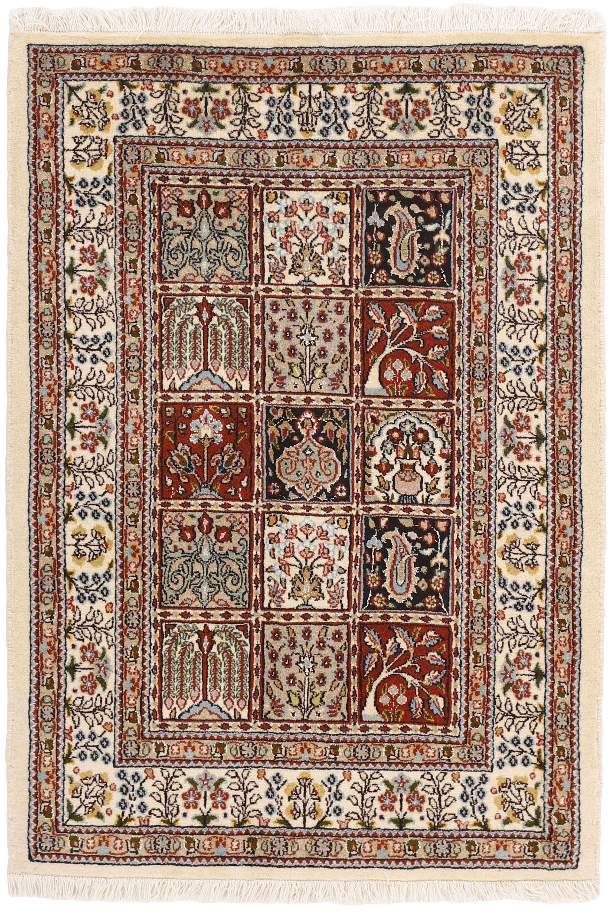 authentic persian rug with floral pattern in beige, blue and red
