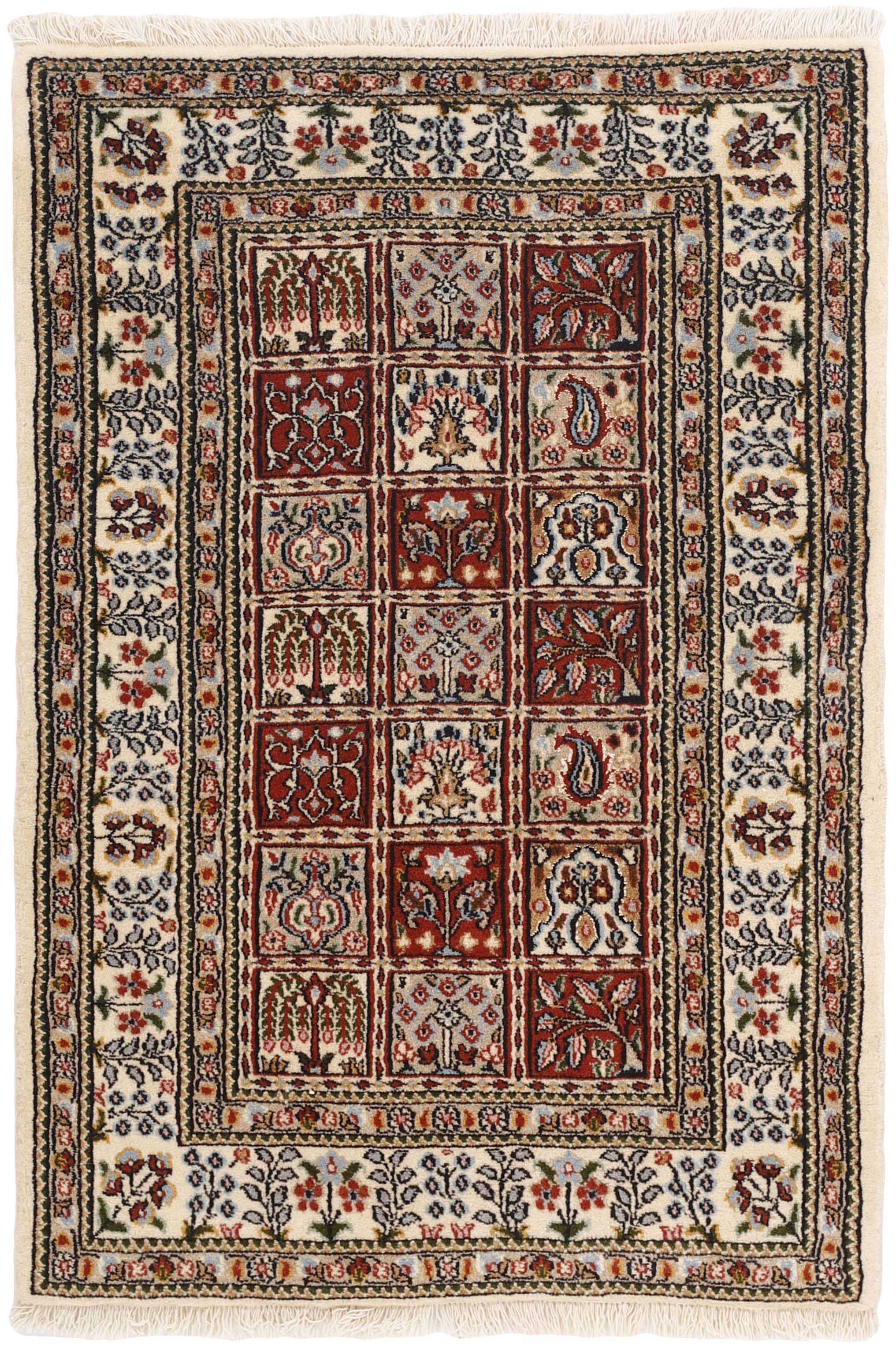 authentic persian rug with floral pattern in beige, blue and red