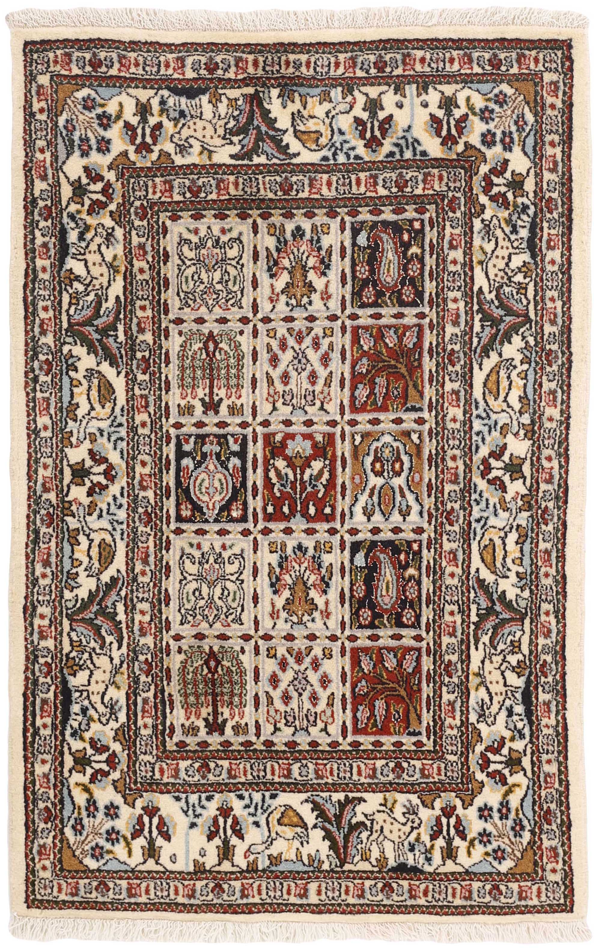 authentic persian rug with floral pattern in beige, blue and red