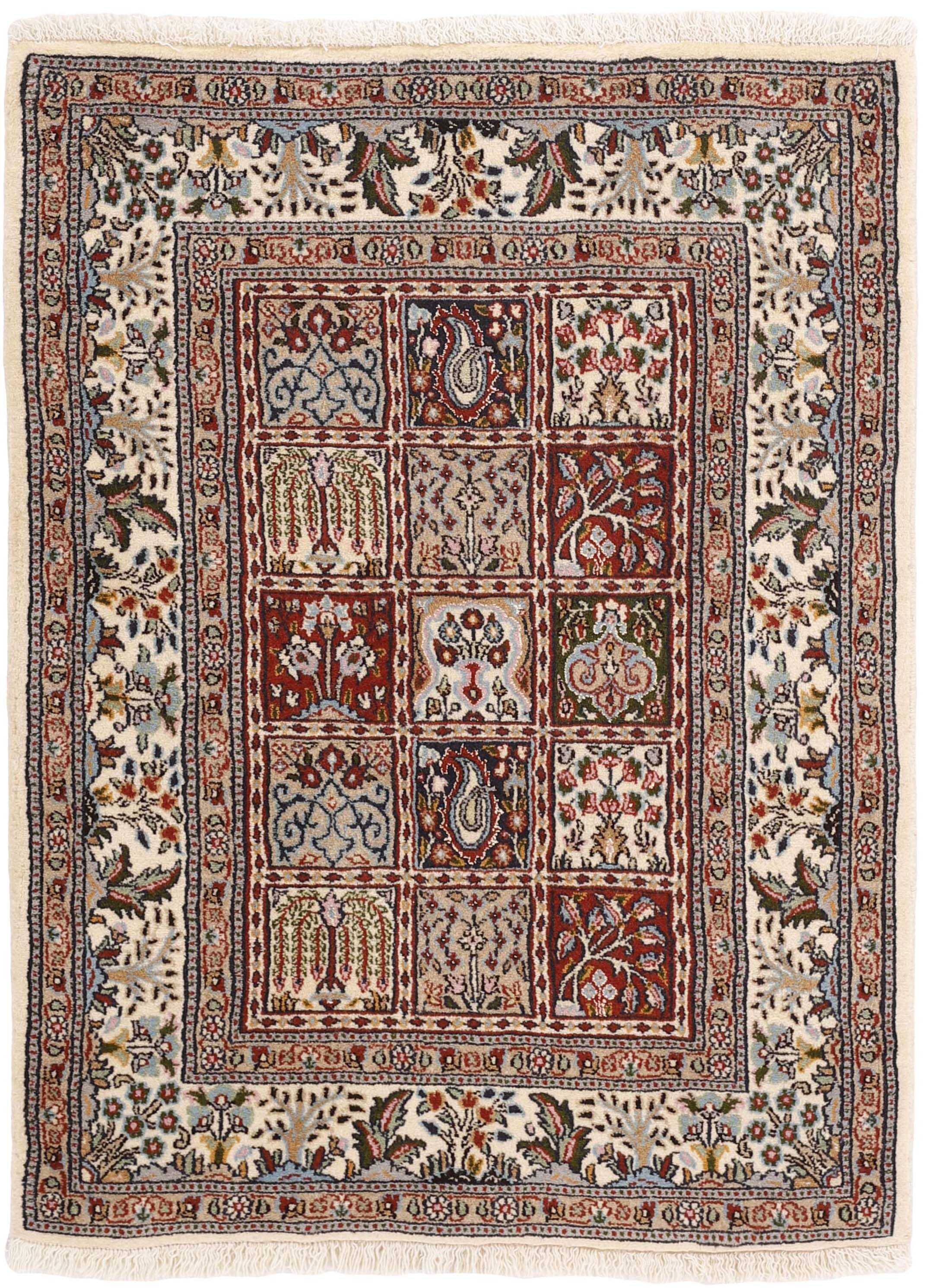 authentic persian rug with floral pattern in beige, blue and red