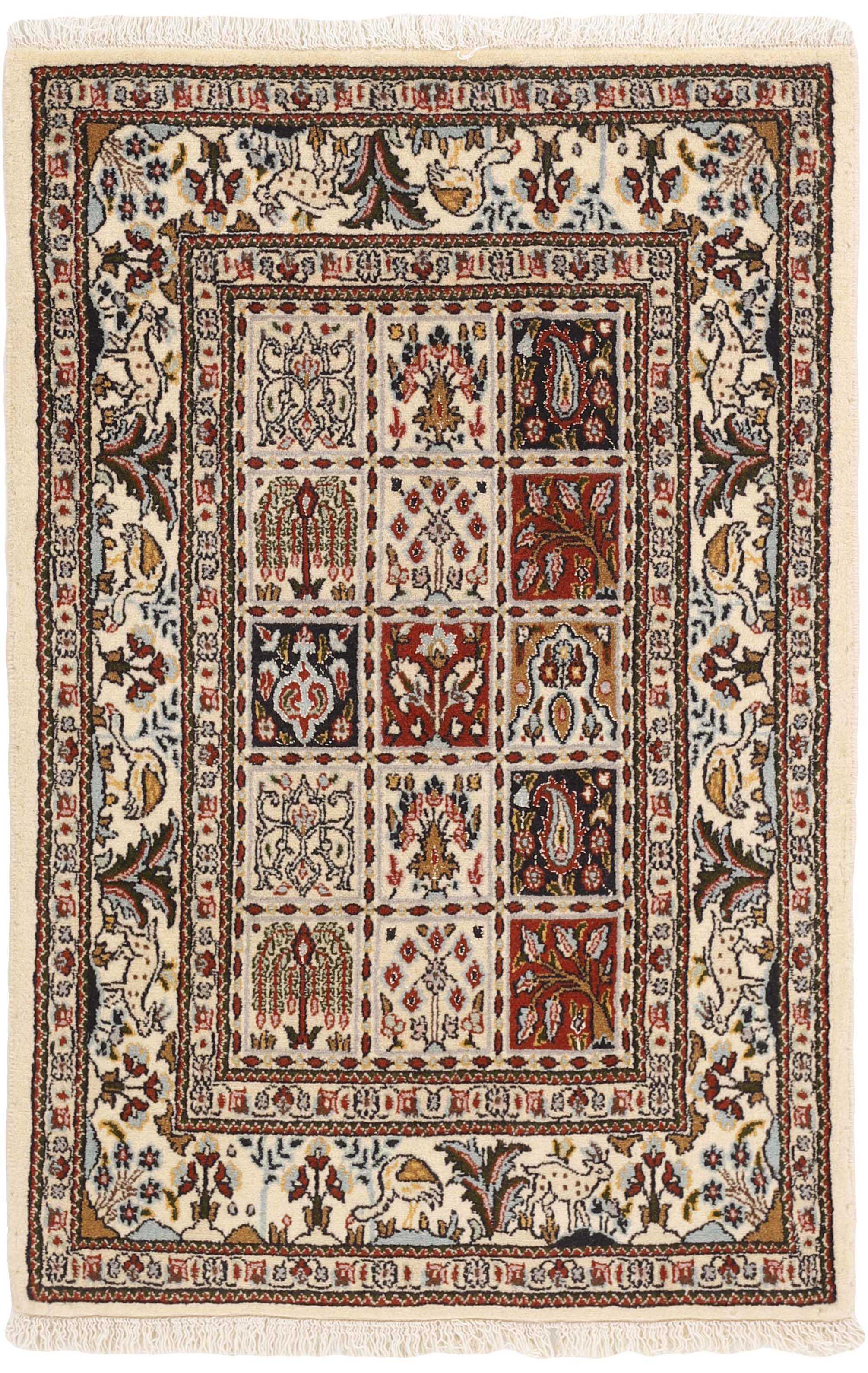 authentic persian rug with floral pattern in beige, blue and red