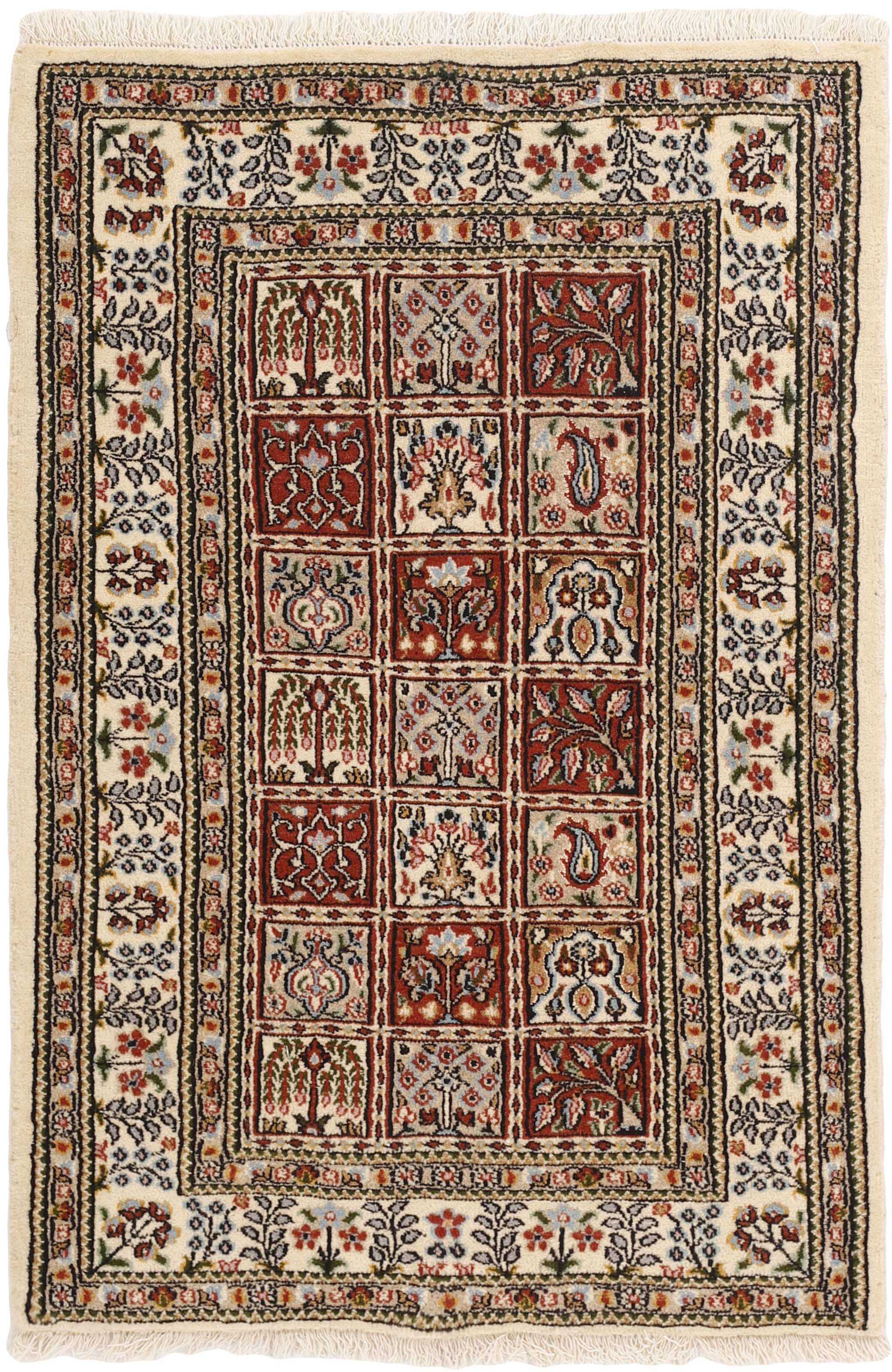 authentic persian rug with floral pattern in beige, blue and red