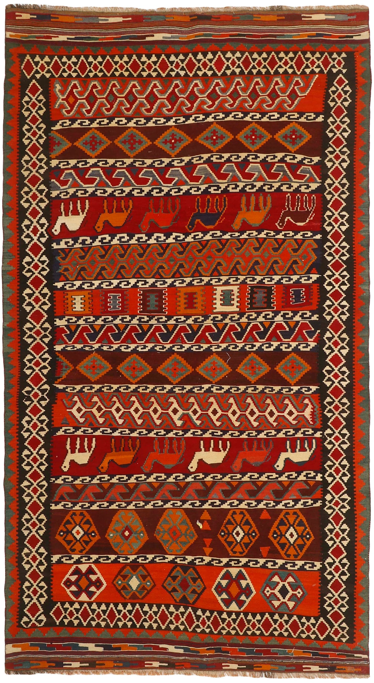 Authentic persian kelim flatweave rug with traditional stripe design in red, blue and black