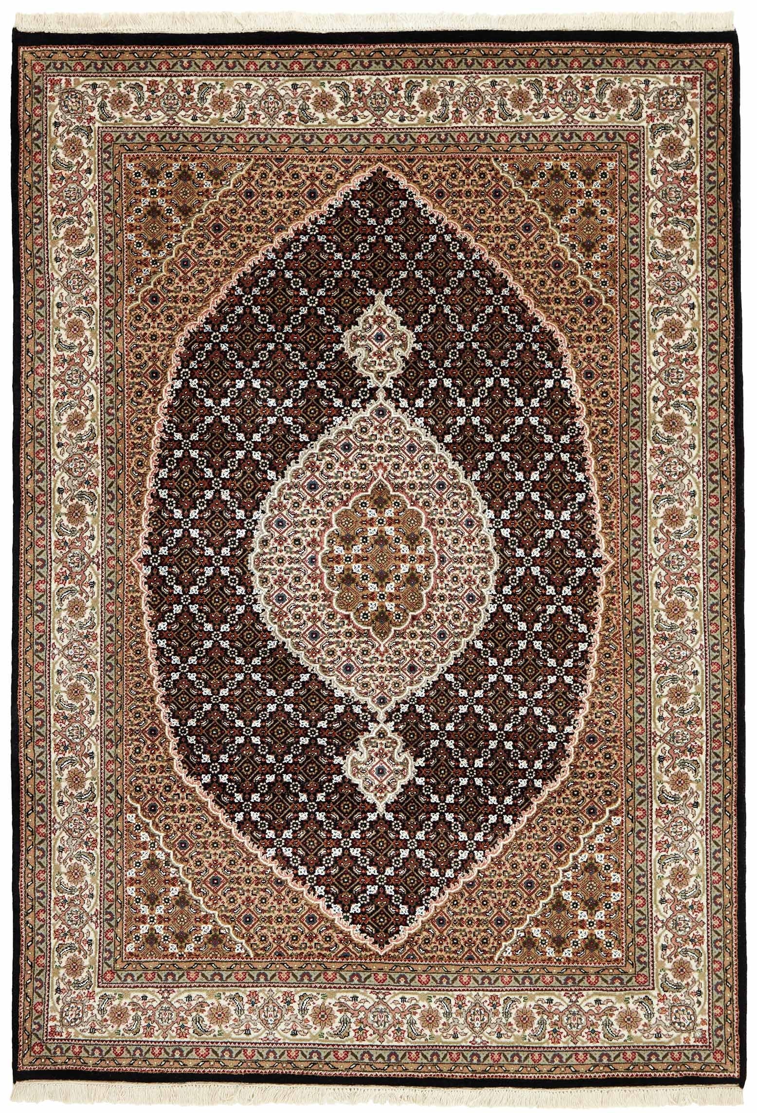 Authentic Oriental rug with traditional geometric and floral design in red, blue, green, beige, brown and black