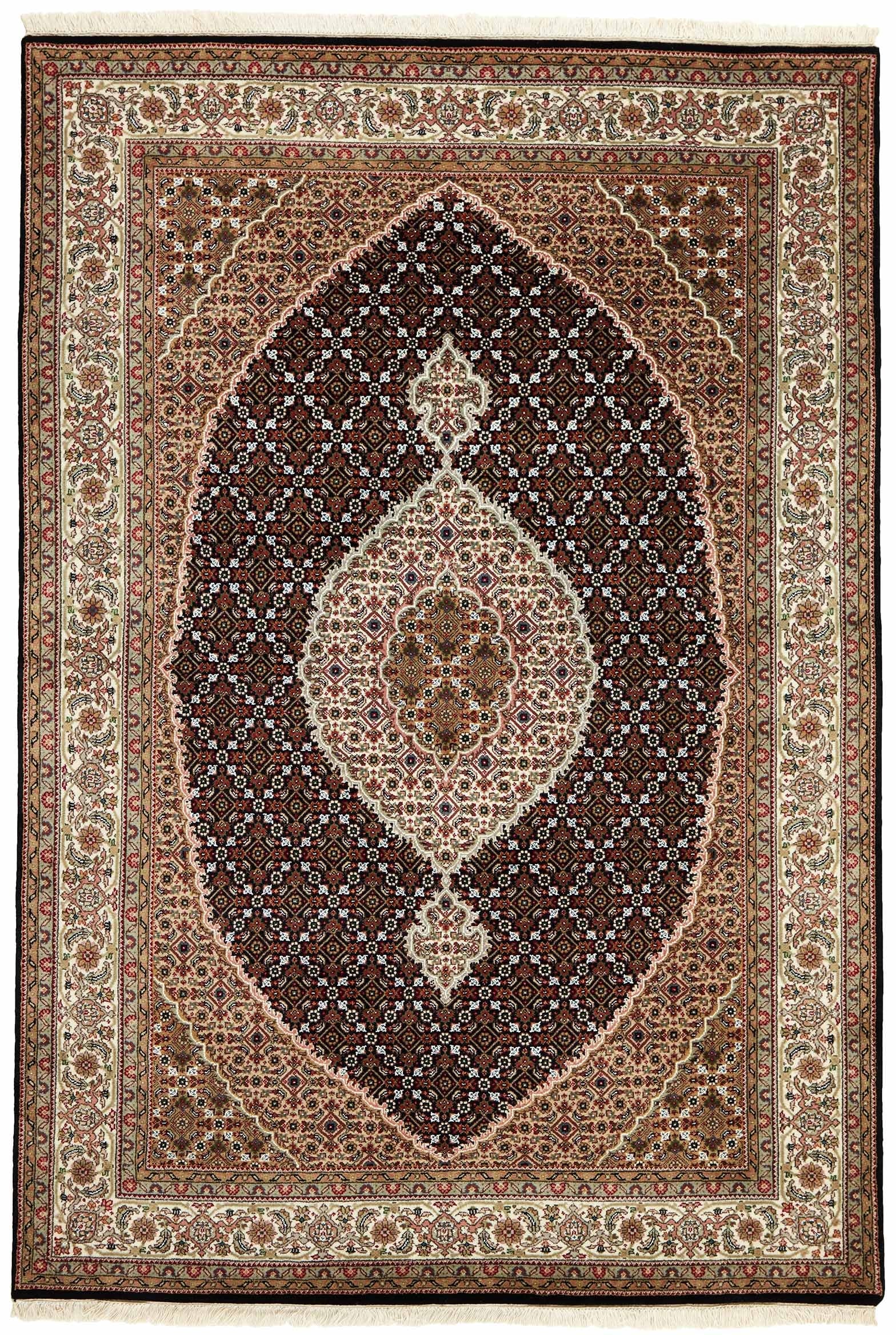 Authentic Oriental rug with traditional geometric and floral design in red, blue, green, beige, brown and black