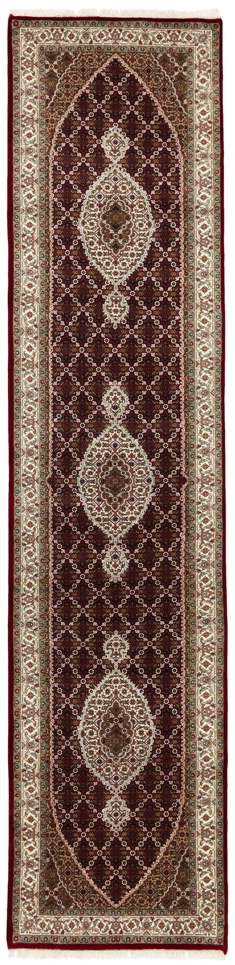 Authentic Oriental runner with traditional geometric and floral design in red, grey, black and beige.
