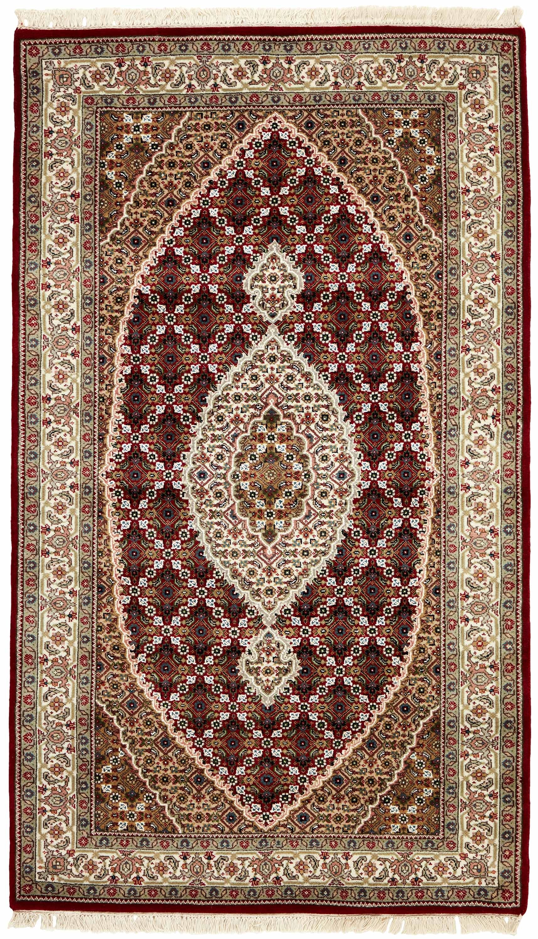 Authentic Oriental rug with traditional geometric and floral design in red, black and beige.