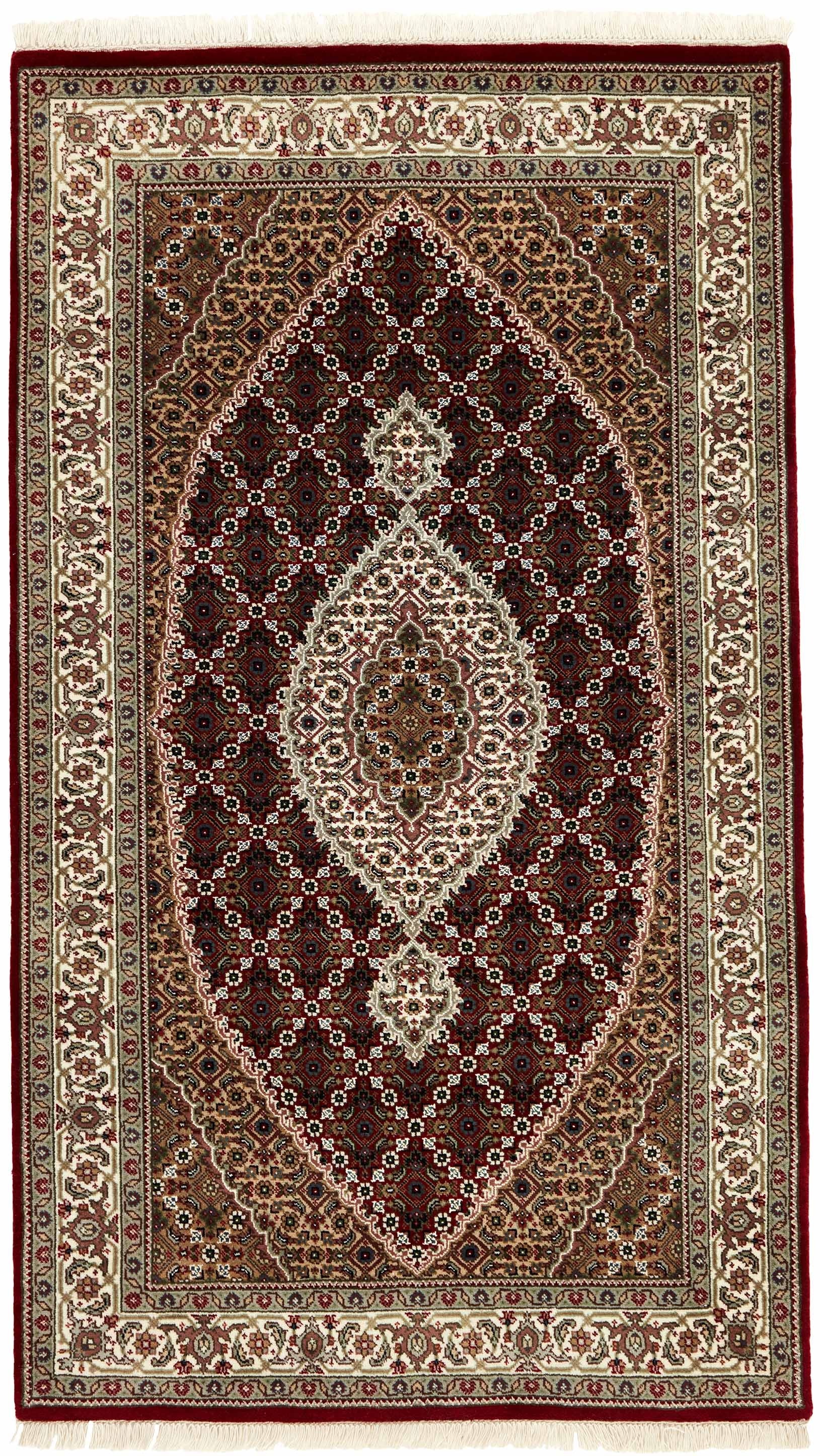 Authentic Oriental rug with traditional geometric and floral design in red, grey, black and beige.