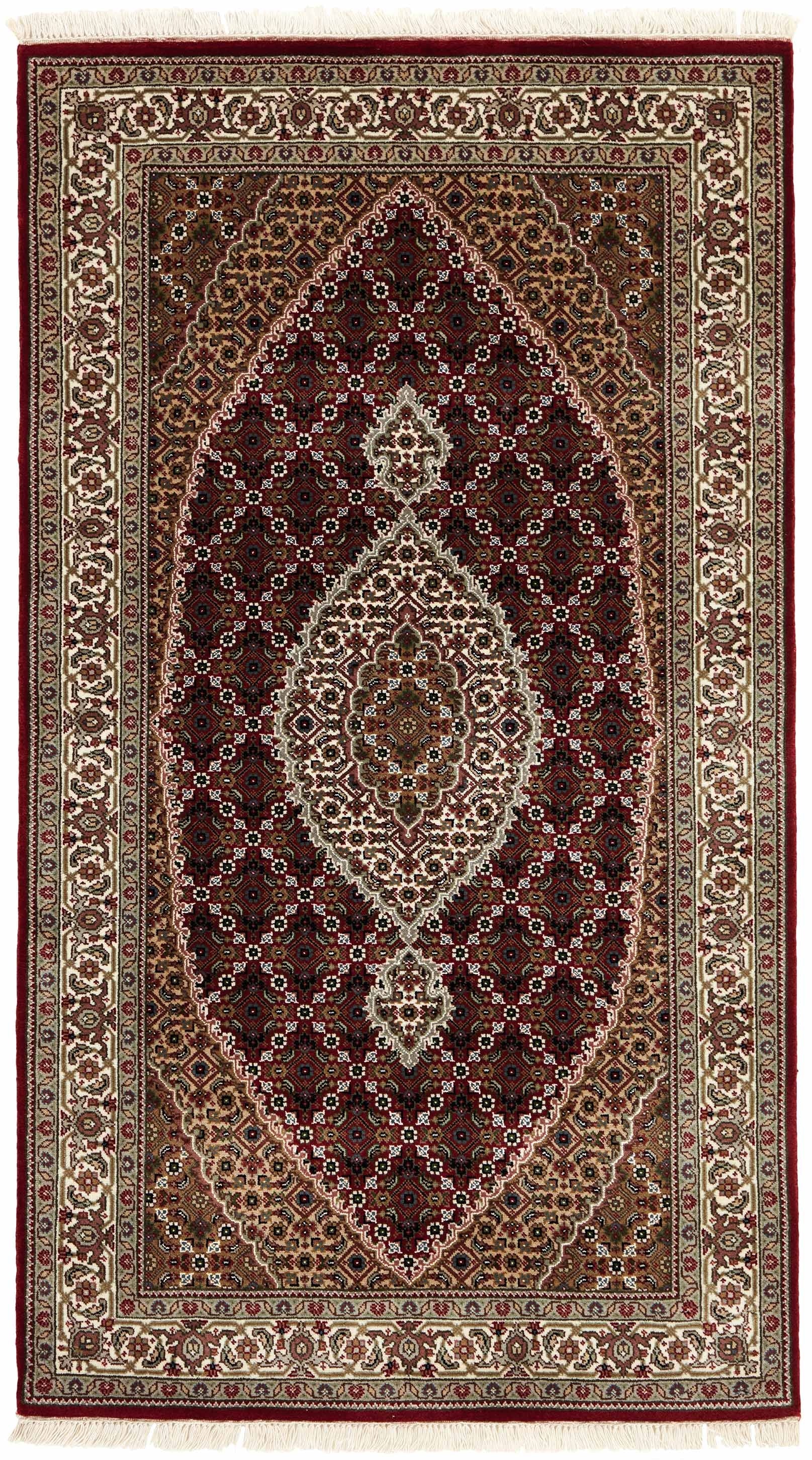Authentic Oriental rug with traditional geometric and floral design in red, black and beige.