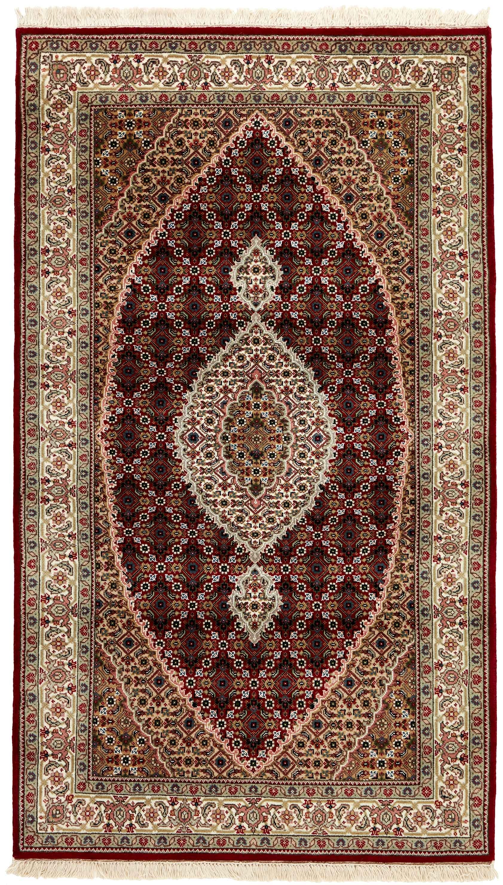 Authentic Oriental rug with traditional geometric and floral design in red, black and beige.