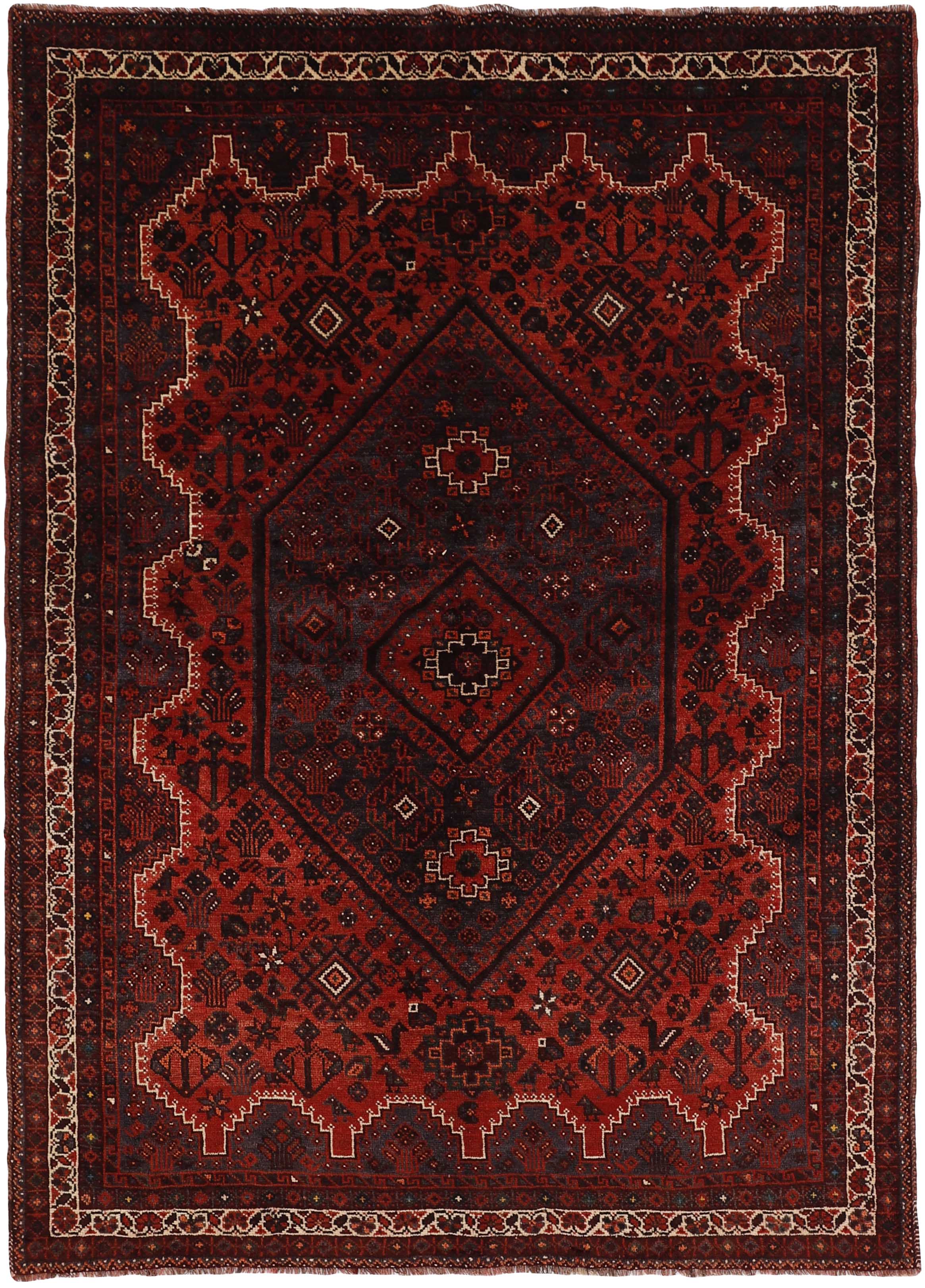 Authentic persian rug with a traditional tribal geometric pattern in red, black and beige