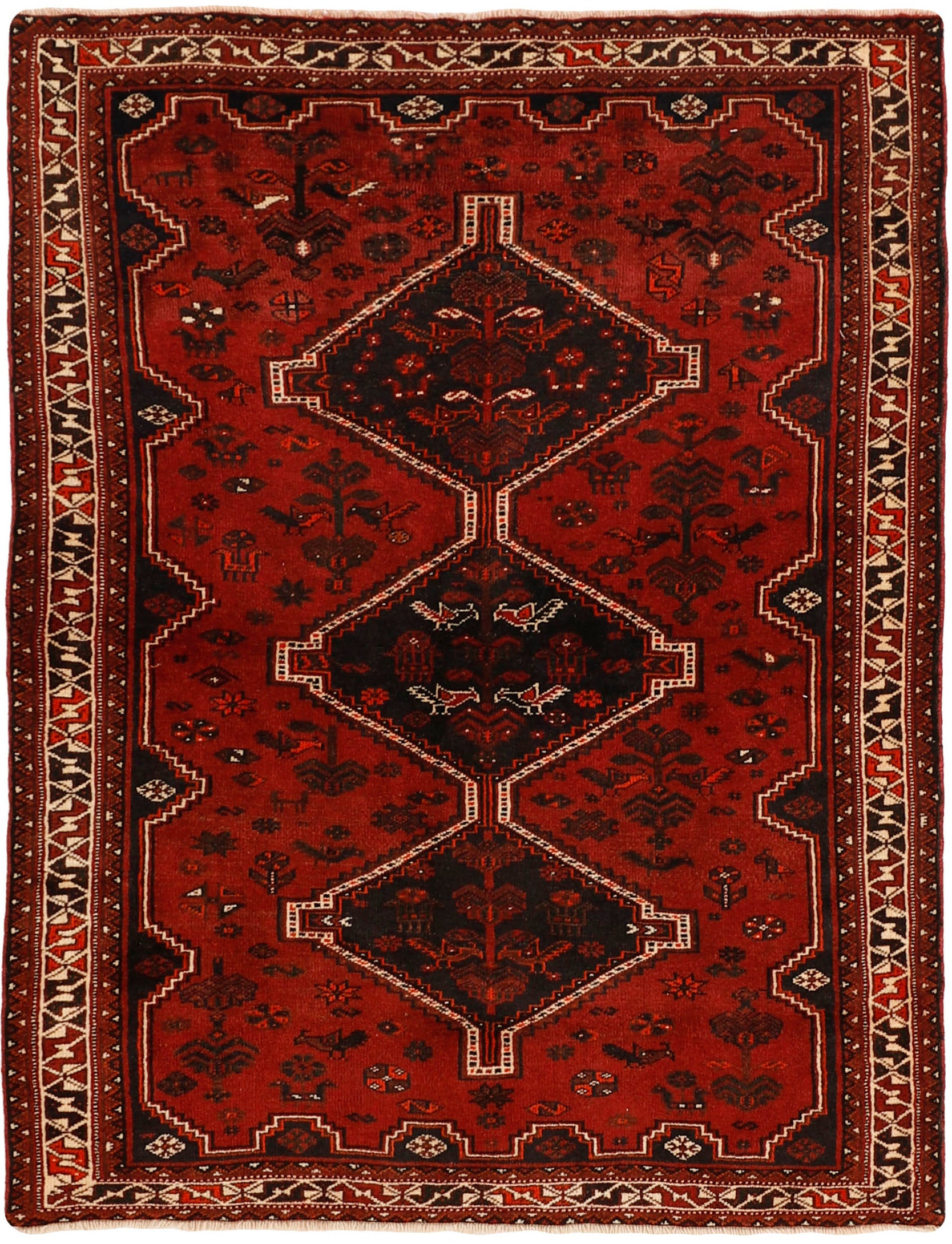 Authentic persian rug with a traditional tribal geometric pattern in red, black and beige
