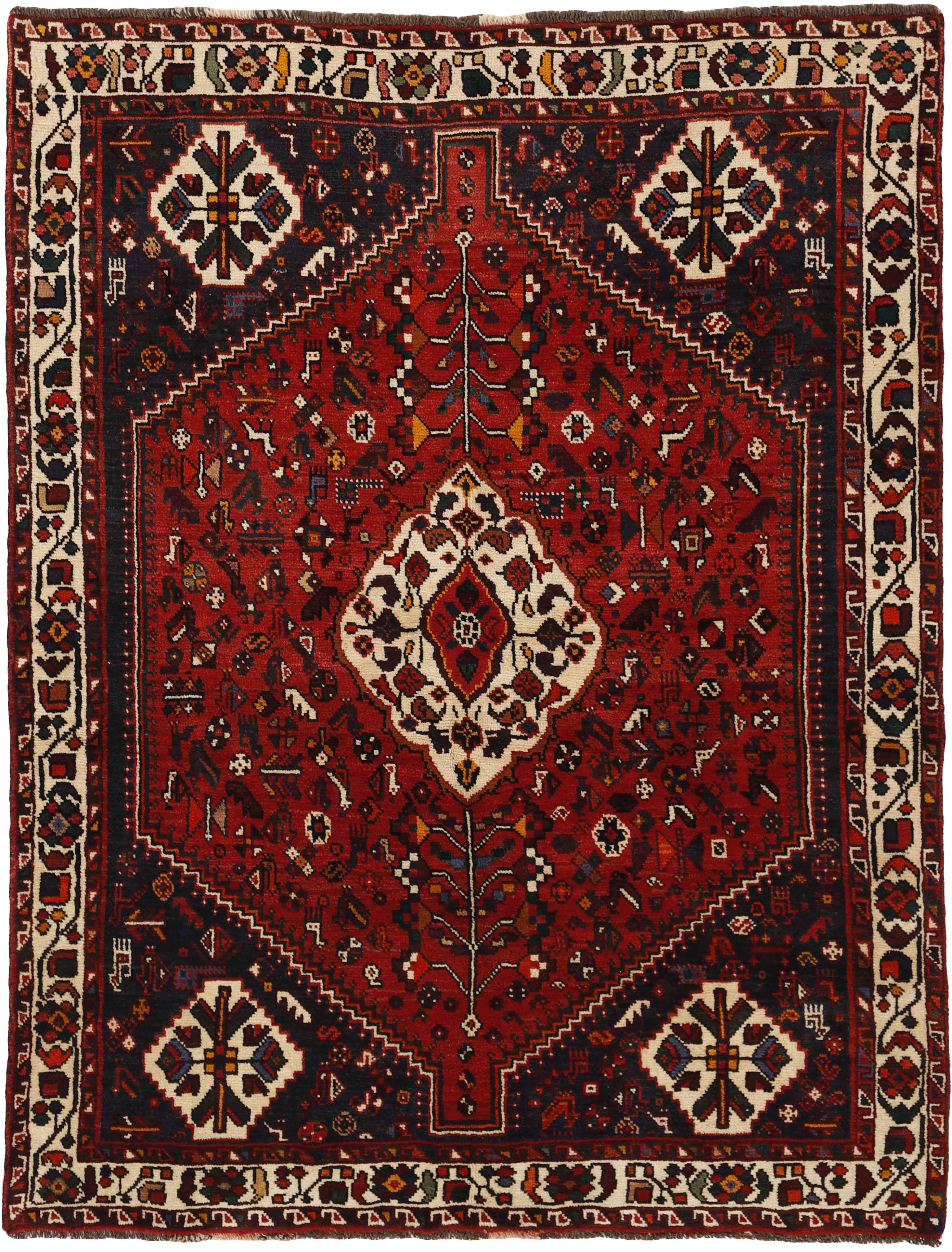 Authentic persian rug with a traditional tribal geometric pattern in red, black and beige