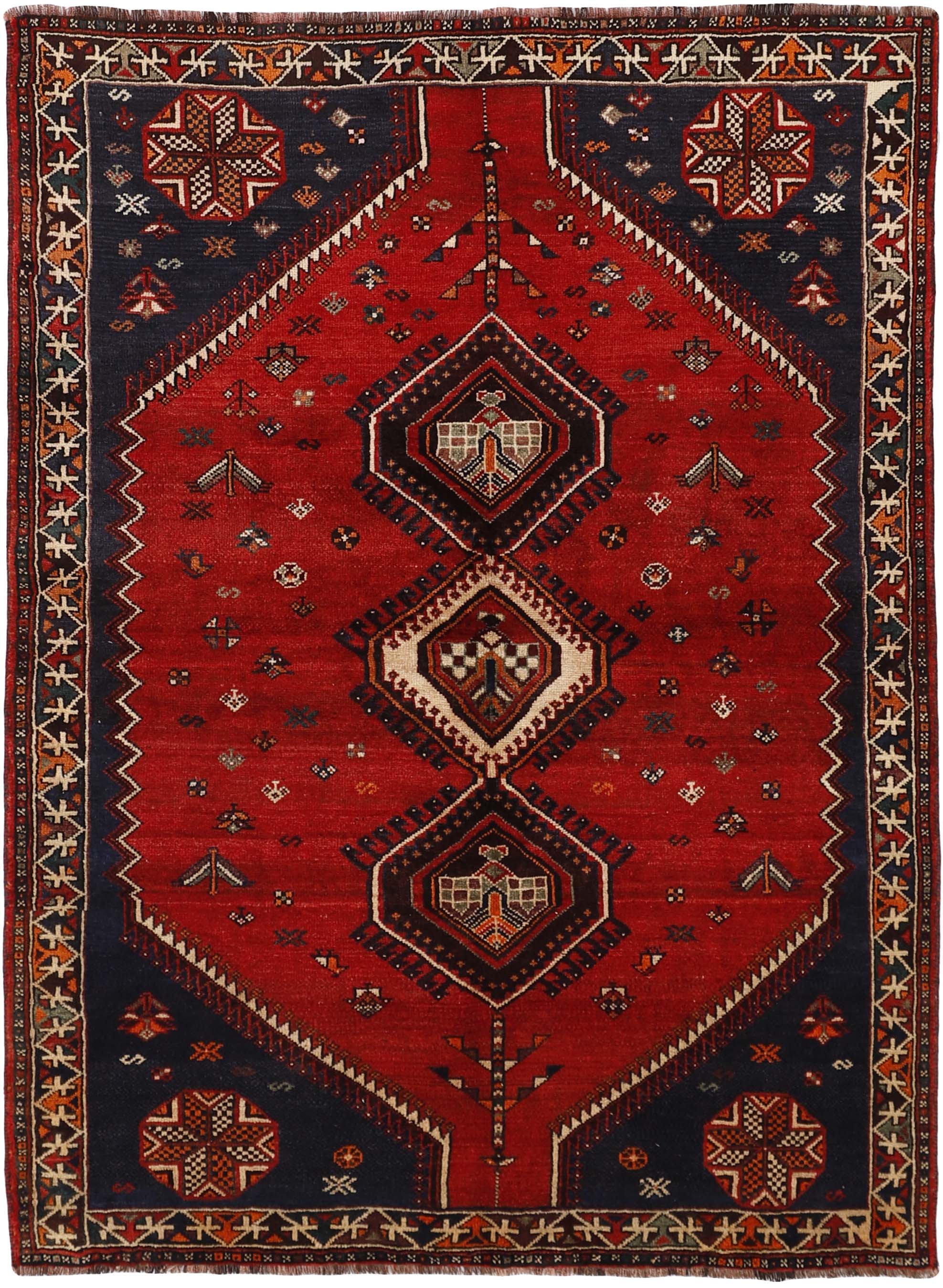 Authentic persian rug with a traditional tribal geometric pattern in red, black and beige