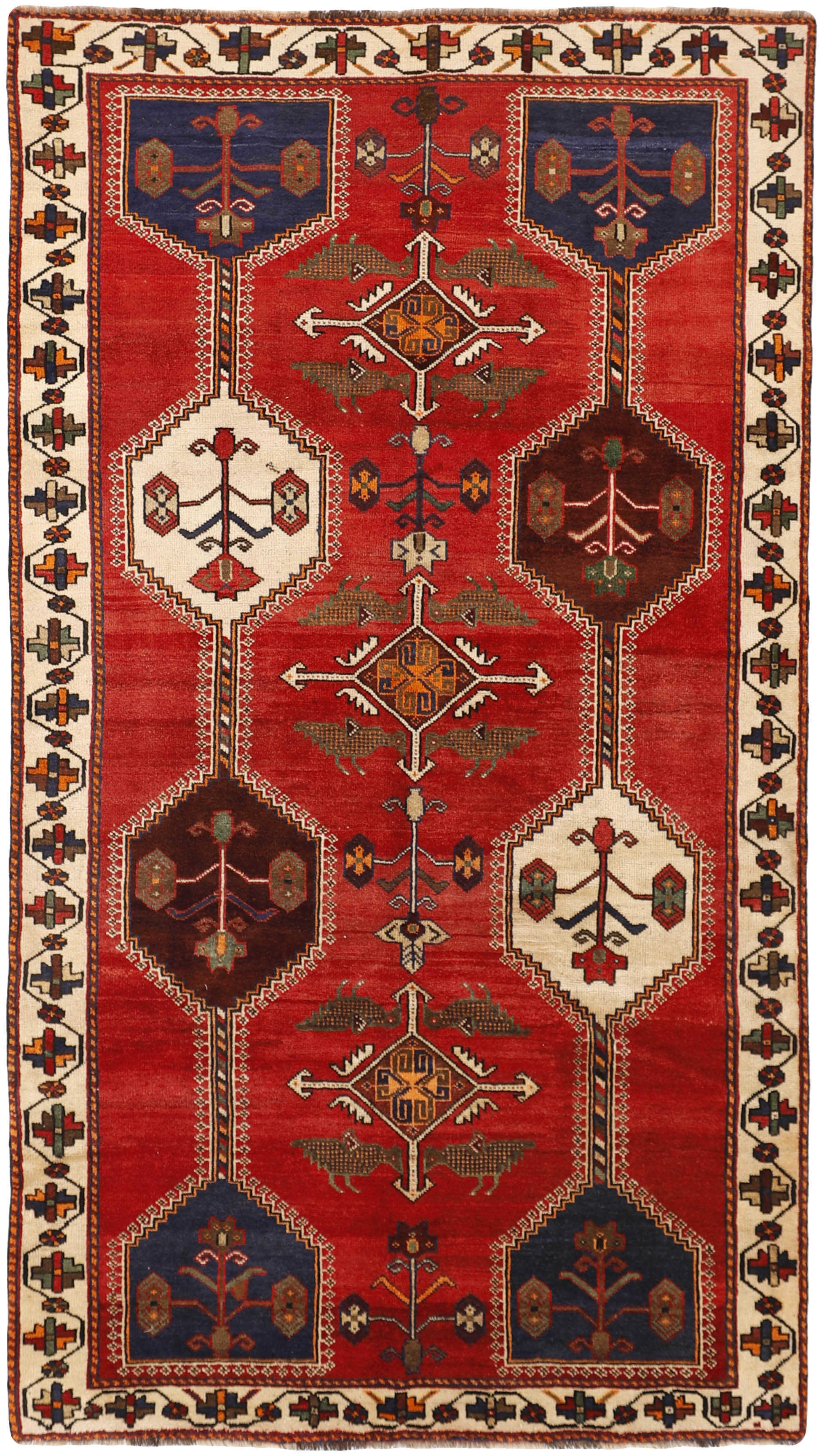 Authentic persian rug with a traditional tribal geometric pattern in red, black and beige