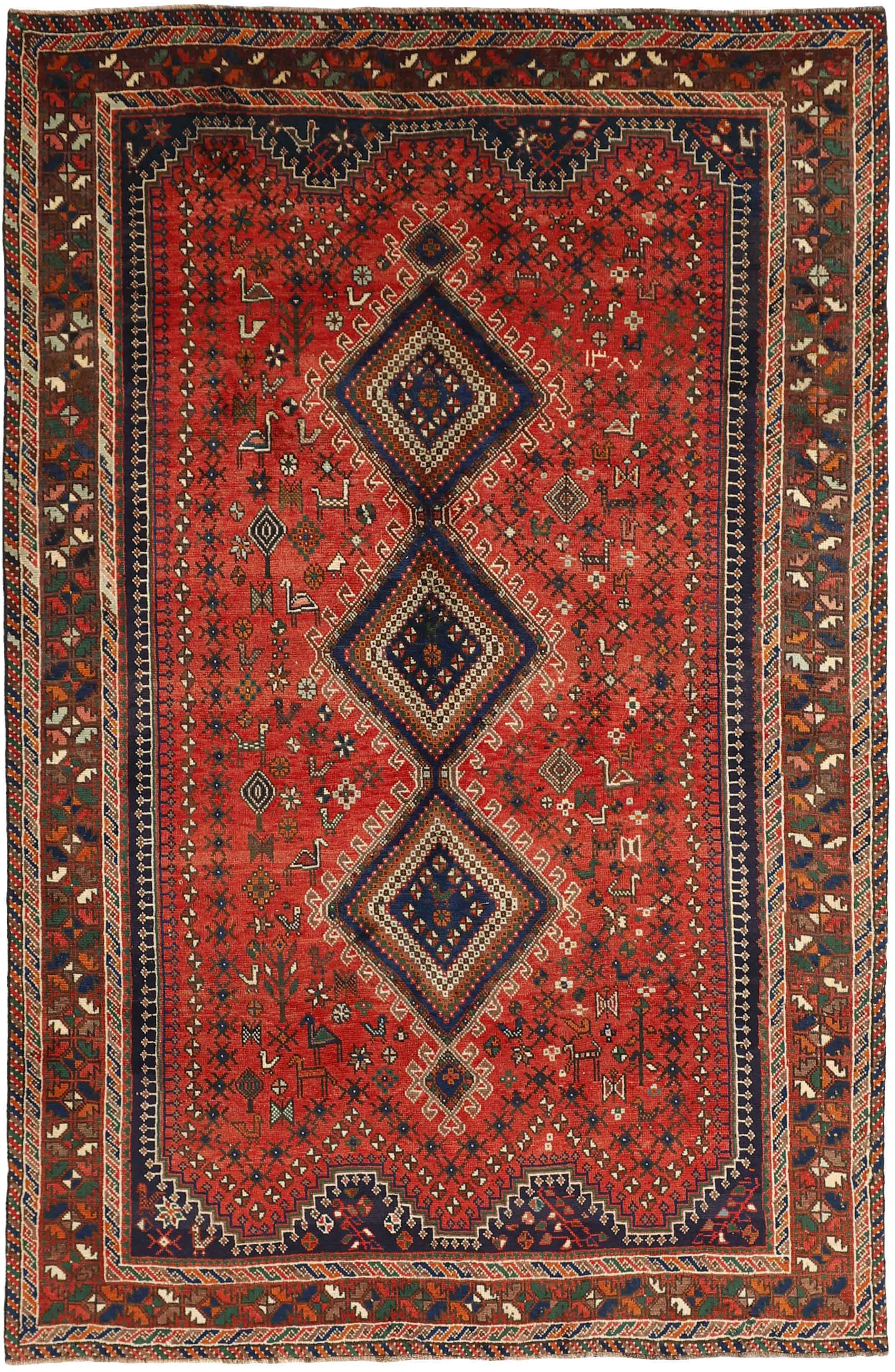 Authentic persian rug with a traditional tribal geometric pattern in red, black and beige