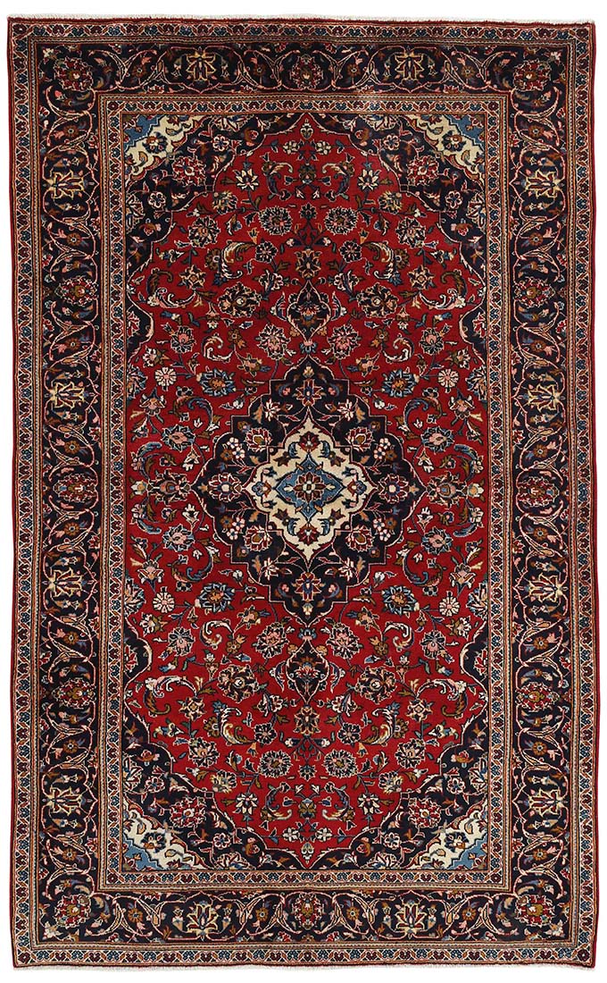 authentic persian rug with traditional floral design in red, blue, cream and black