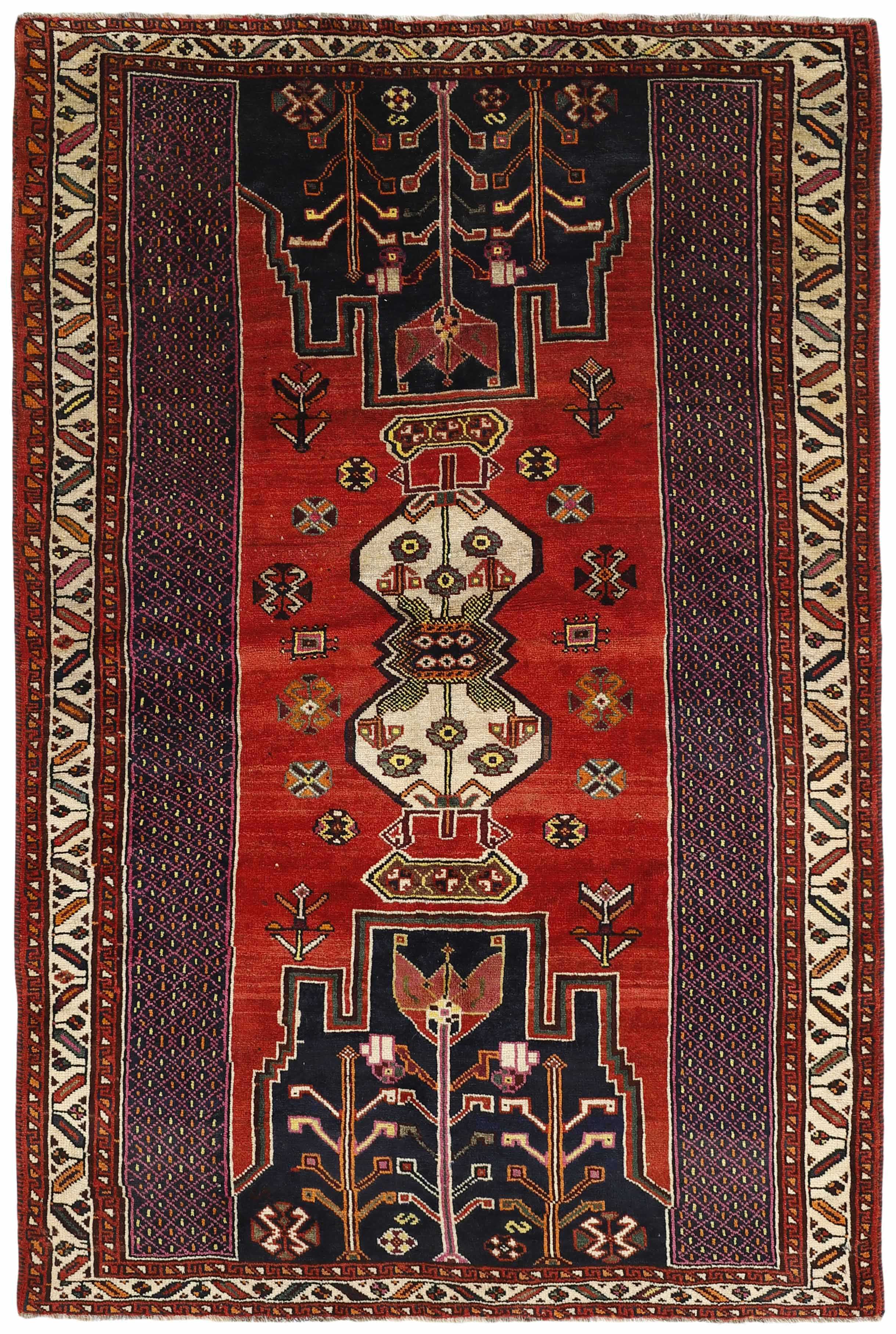 Authentic persian rug with a traditional tribal geometric pattern in red, black and beige