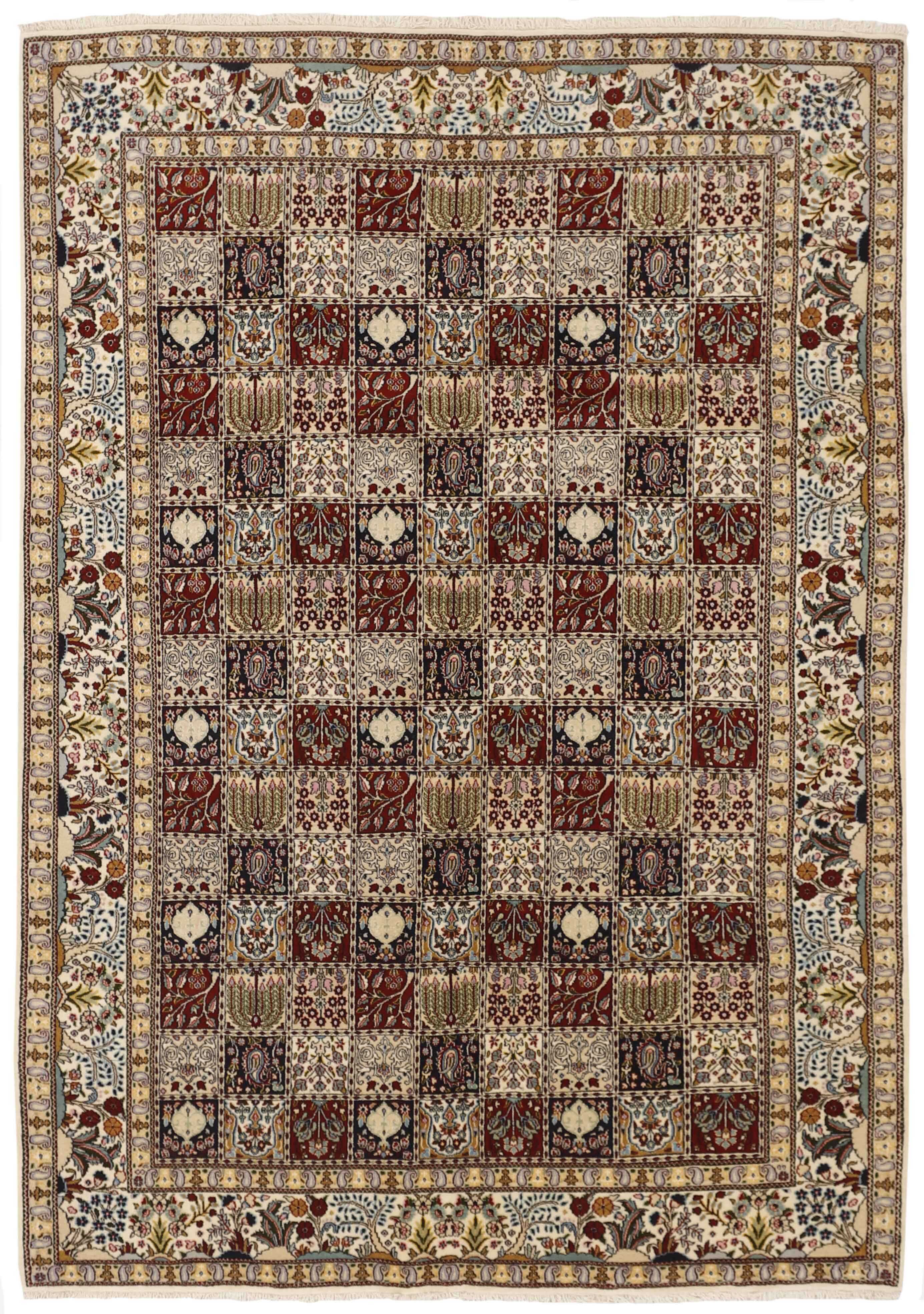 authentic persian rug with floral pattern in beige, blue and red