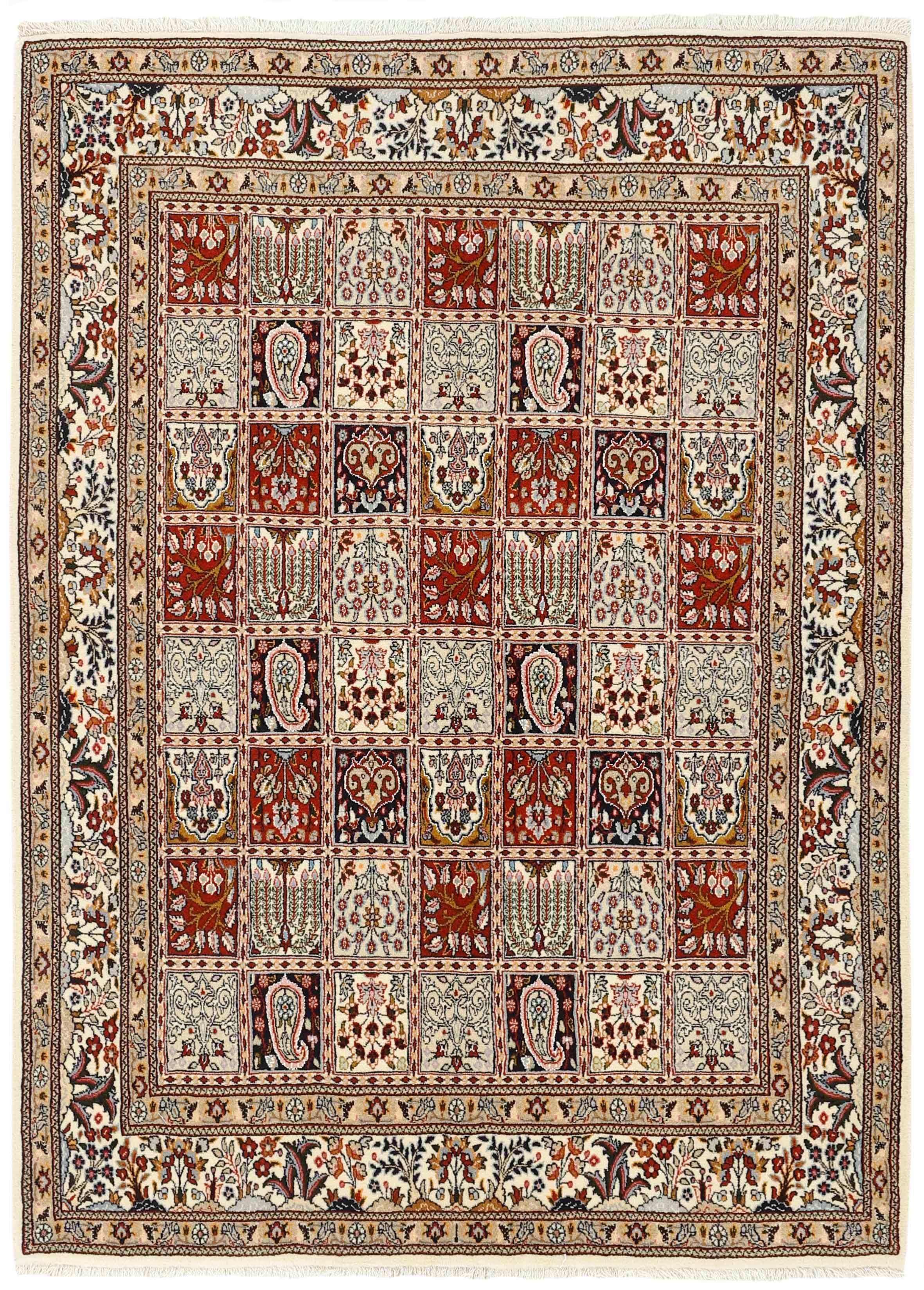 authentic persian rug with floral pattern in beige, blue and red