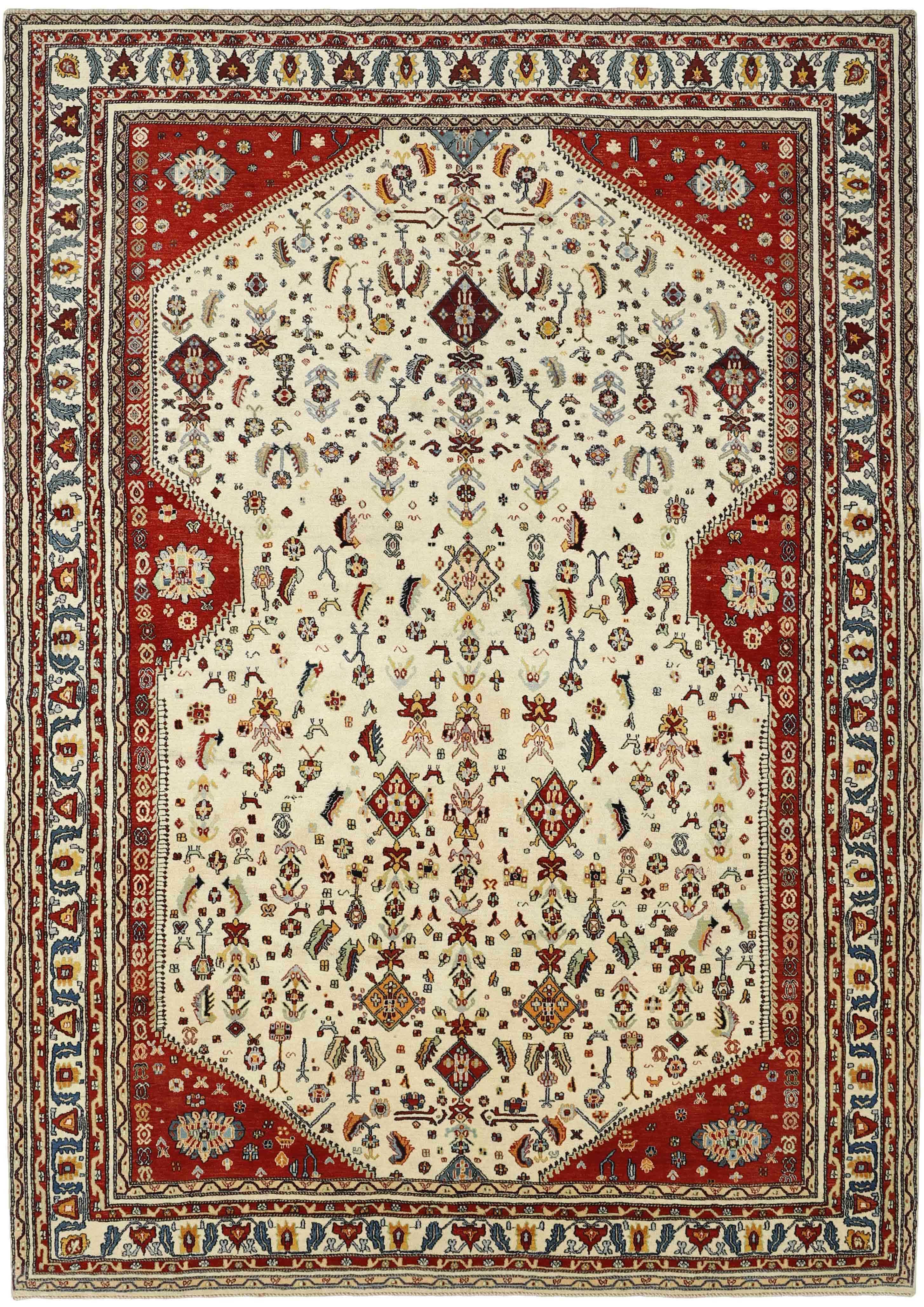 red Persian rug with tribal geometric design